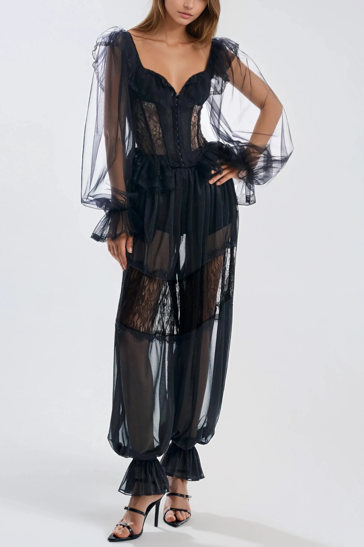 Gislin Balloon Ssleeve Mesh Pants Set