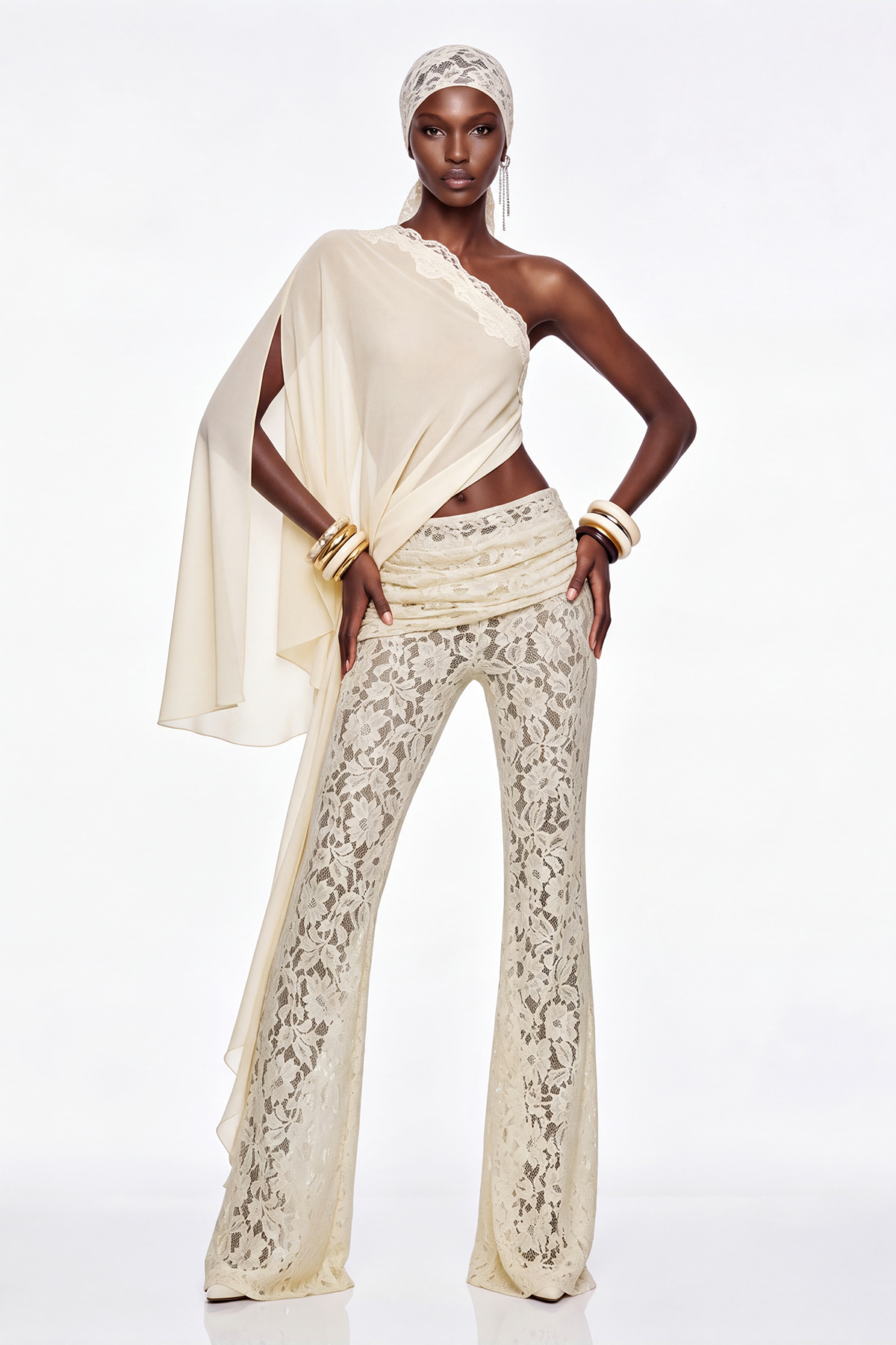 Gita One Shoulder Lace Pants Set