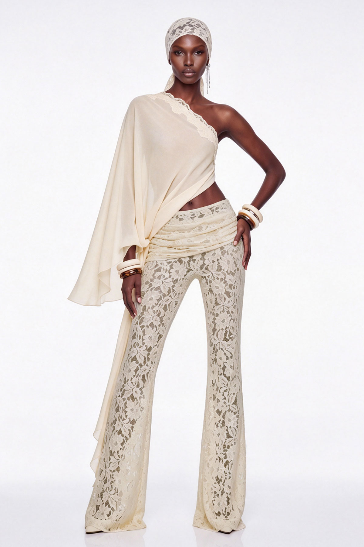Gita One Shoulder Lace Pants Set