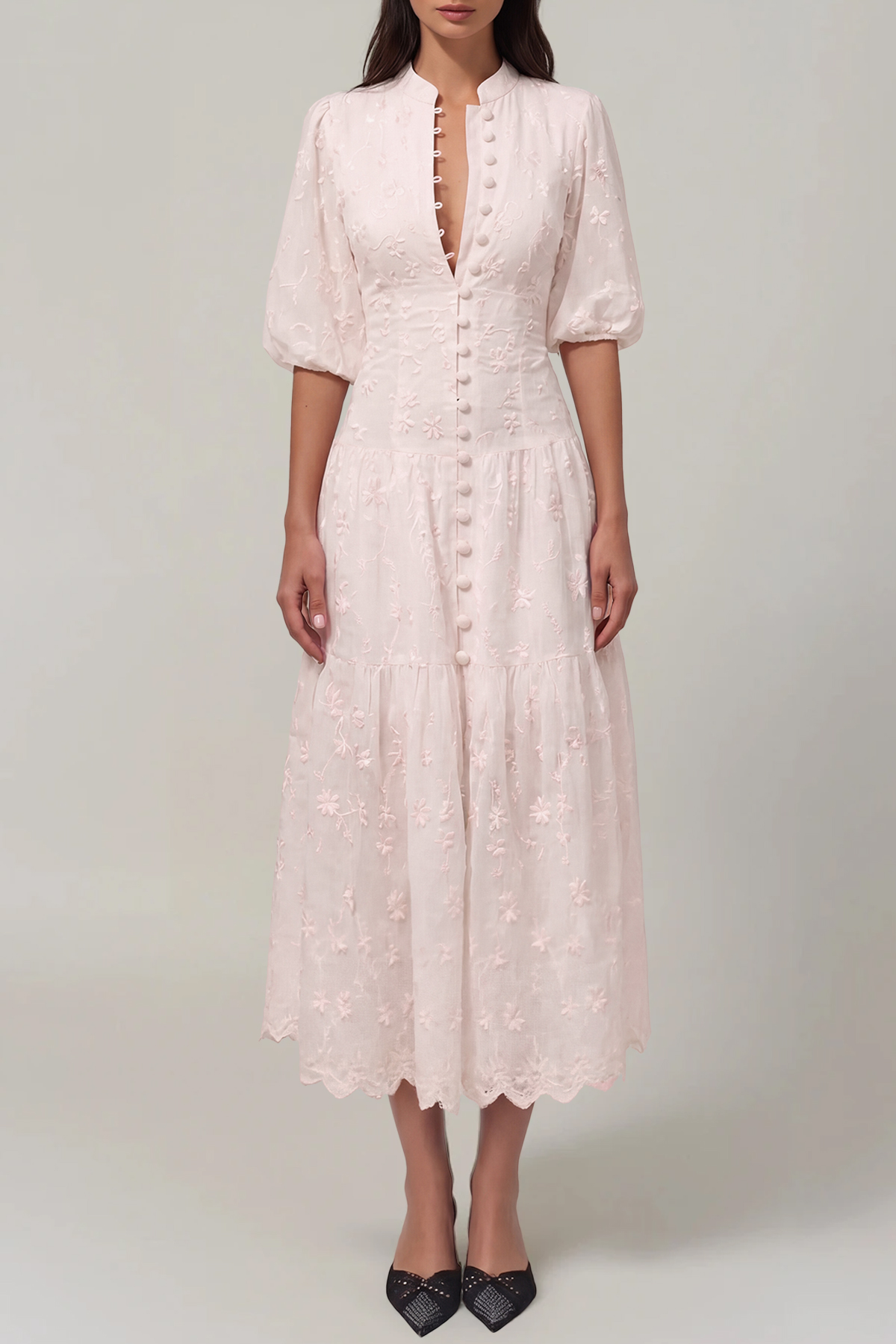 Gitta Flower Embroidered Botton Midi Dress In Pink