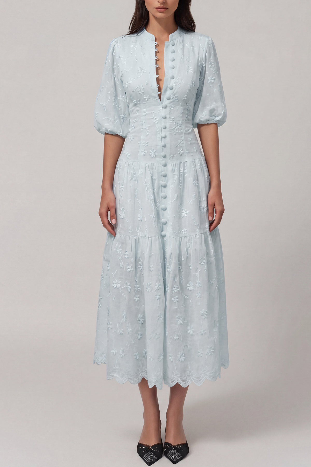 Gitta Flower Embroidered Botton Midi Dress In Blue