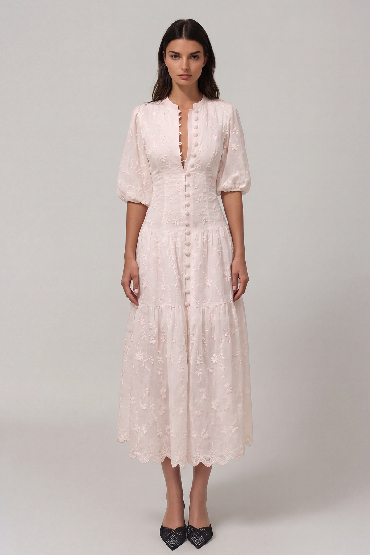 Gitta Flower Embroidered Botton Midi Dress In Pink
