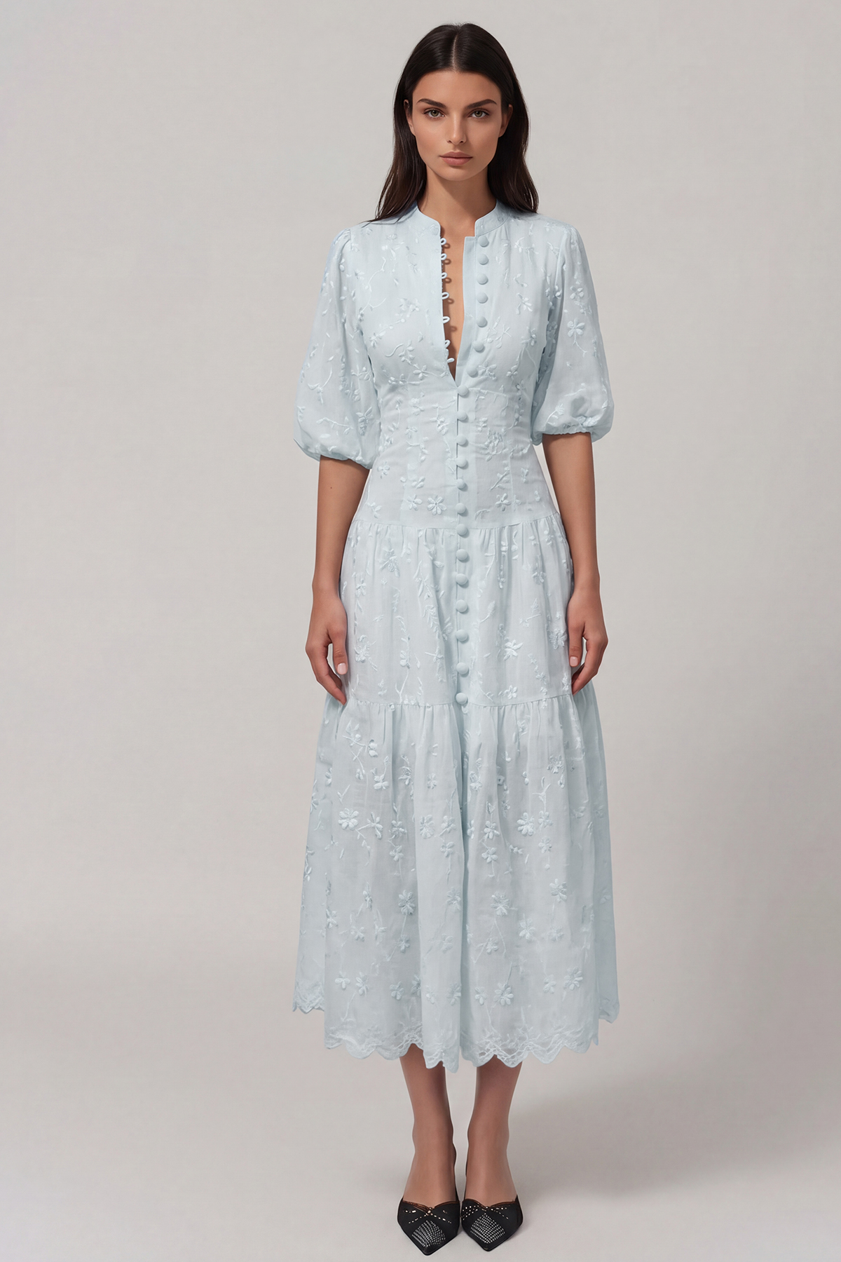 Gitta Flower Embroidered Botton Midi Dress In Blue