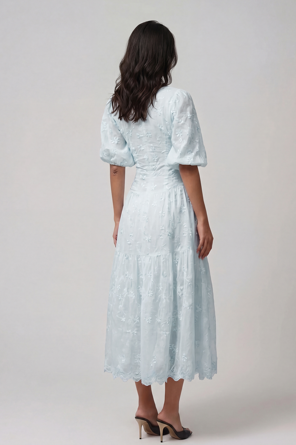 Gitta Flower Embroidered Botton Midi Dress In Blue