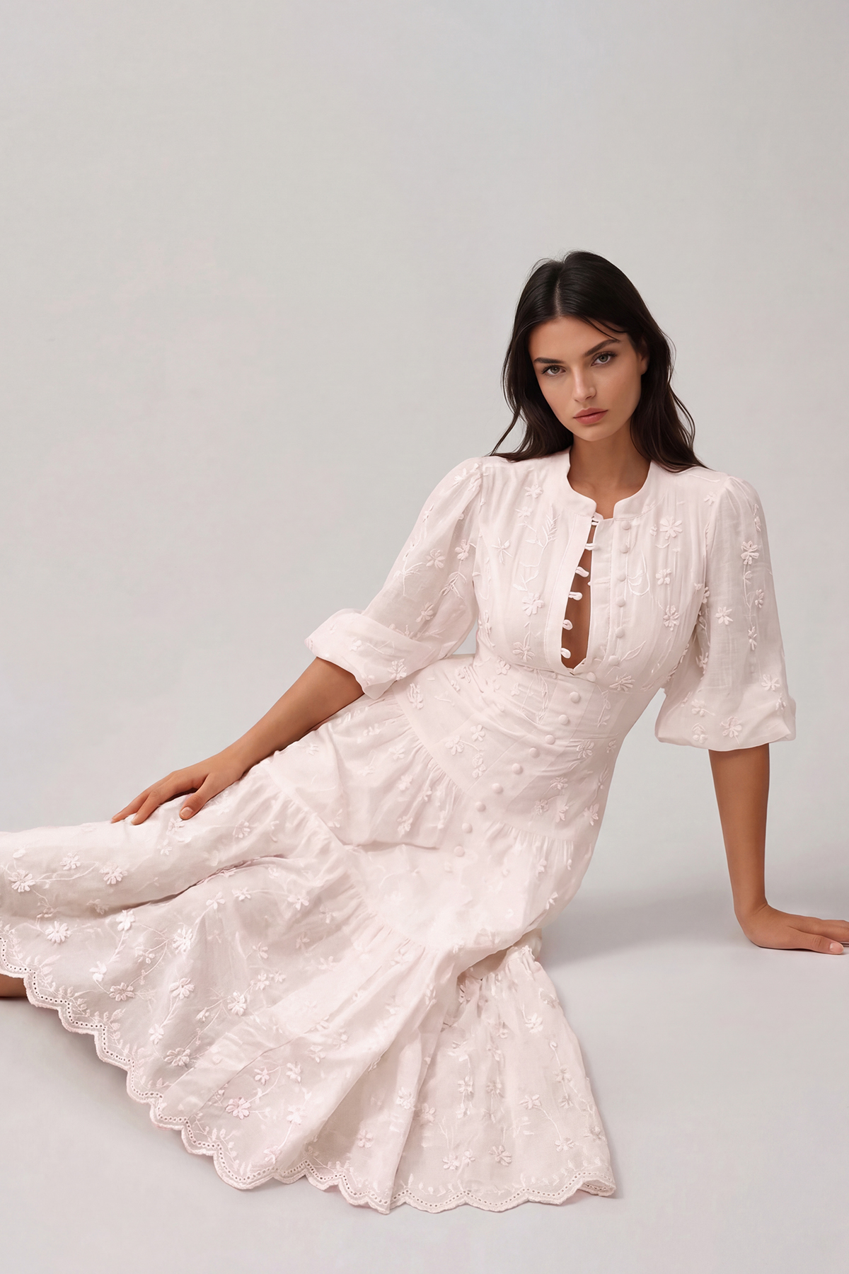Gitta Flower Embroidered Botton Midi Dress In Pink