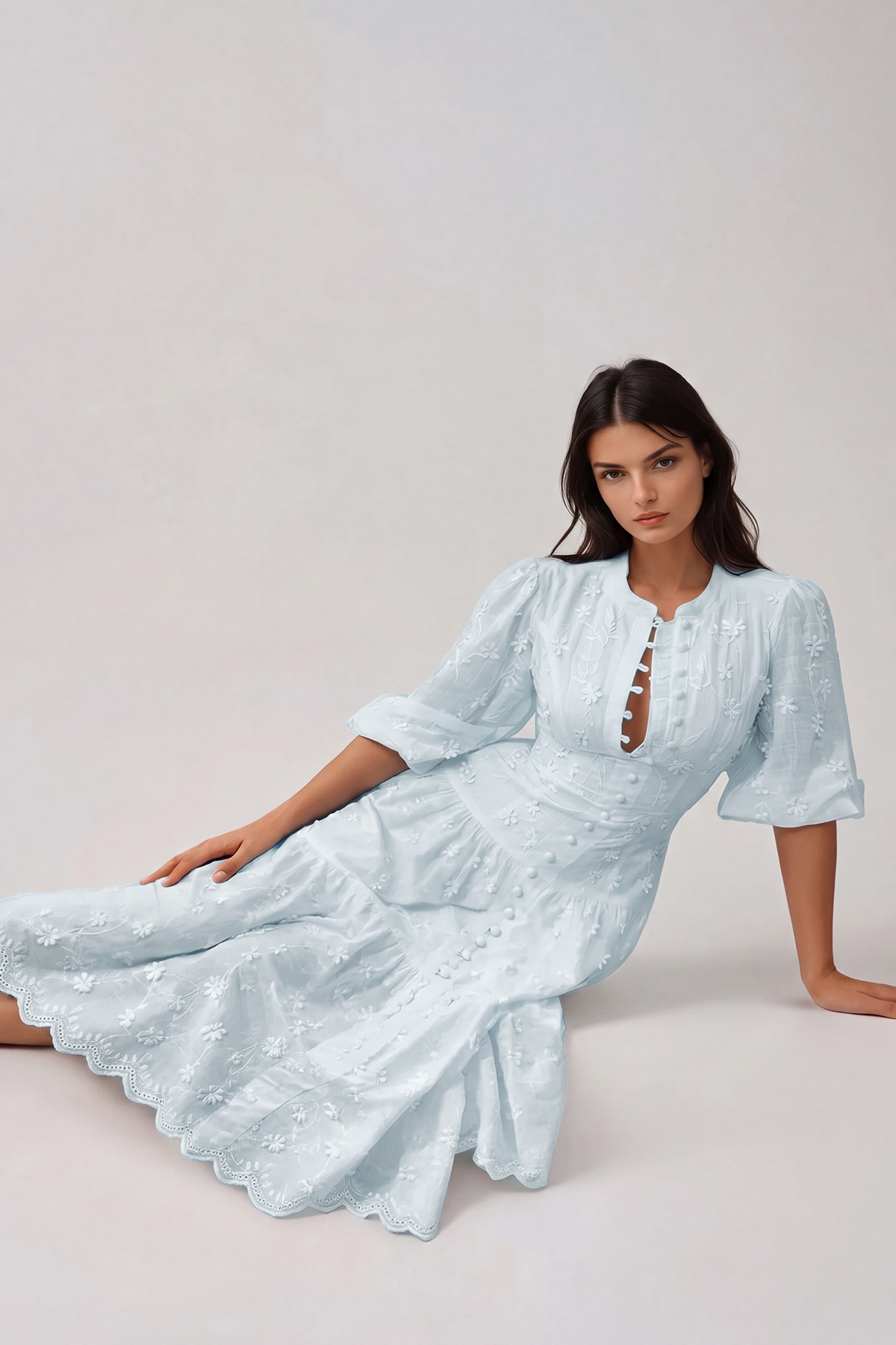 Gitta Flower Embroidered Botton Midi Dress In Blue