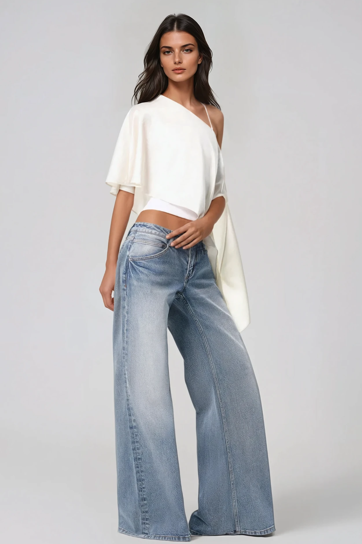 Habiba Stain Asymmetric Top In White