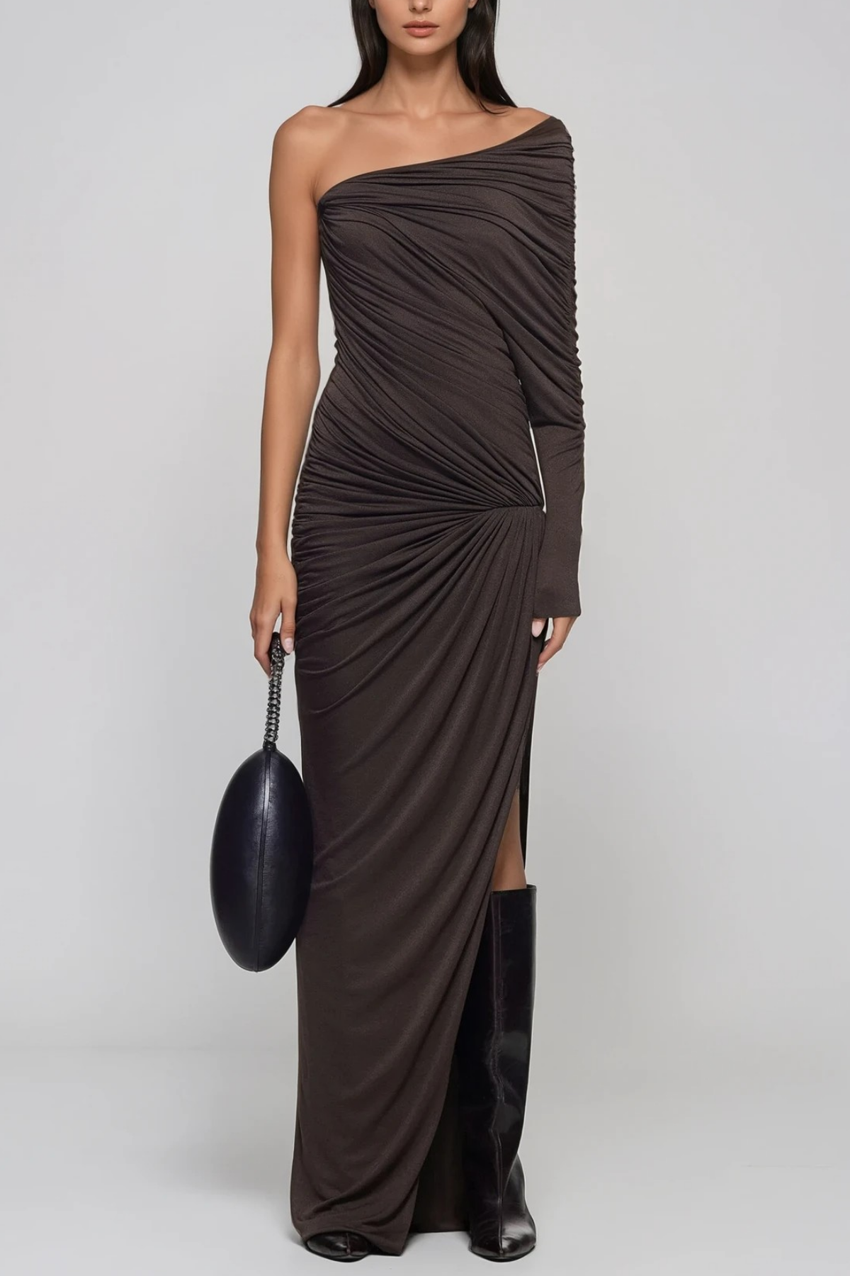 Hacer Ruch Asymmetric Maxi Dress In Brown