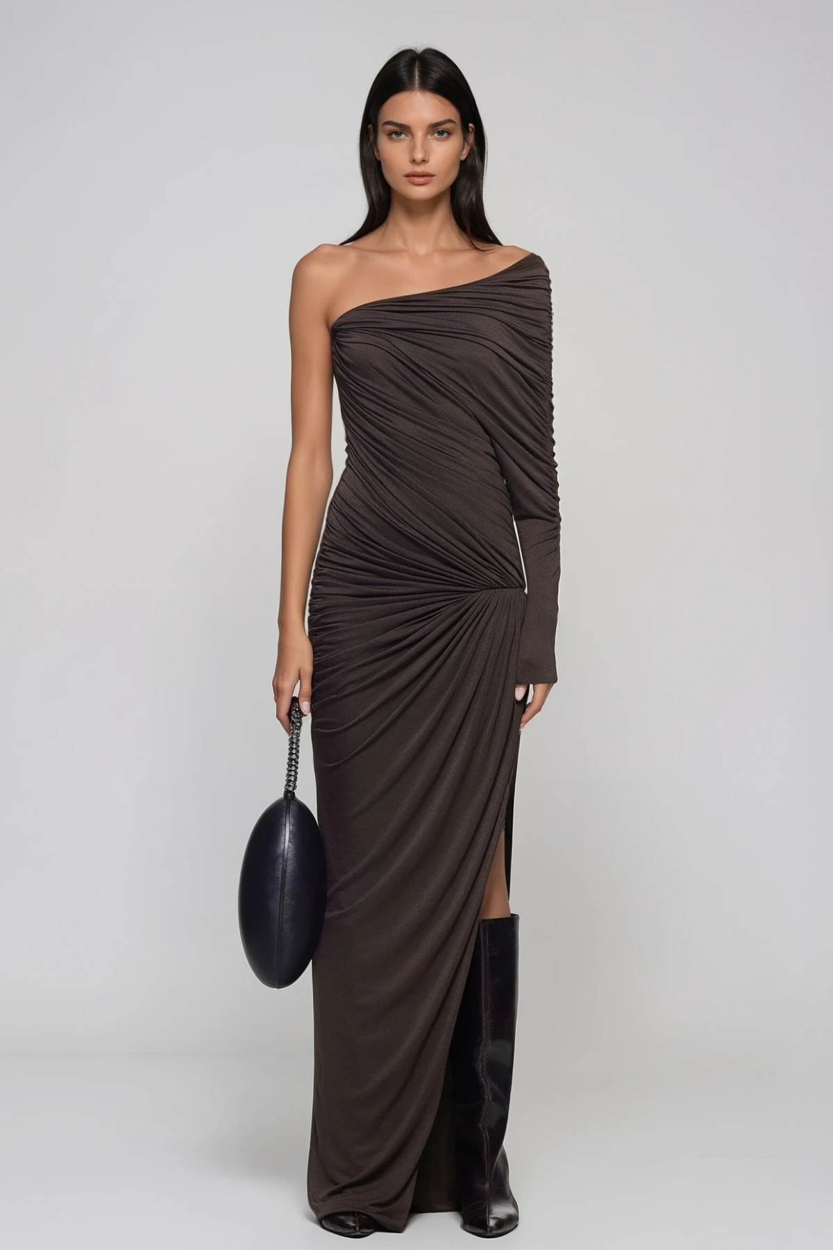 Hacer Ruch Asymmetric Maxi Dress In Brown