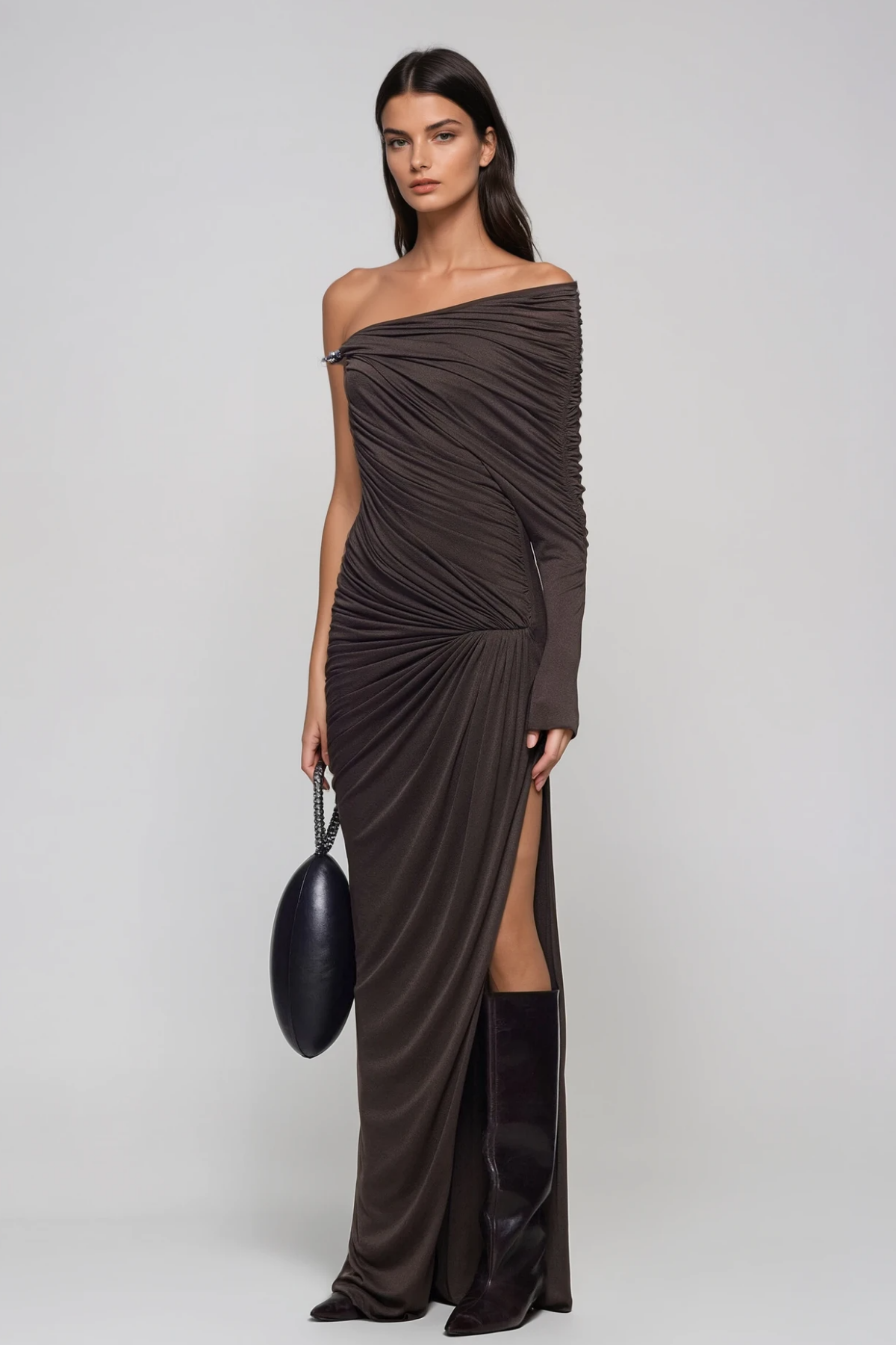Hacer Ruch Asymmetric Maxi Dress In Brown