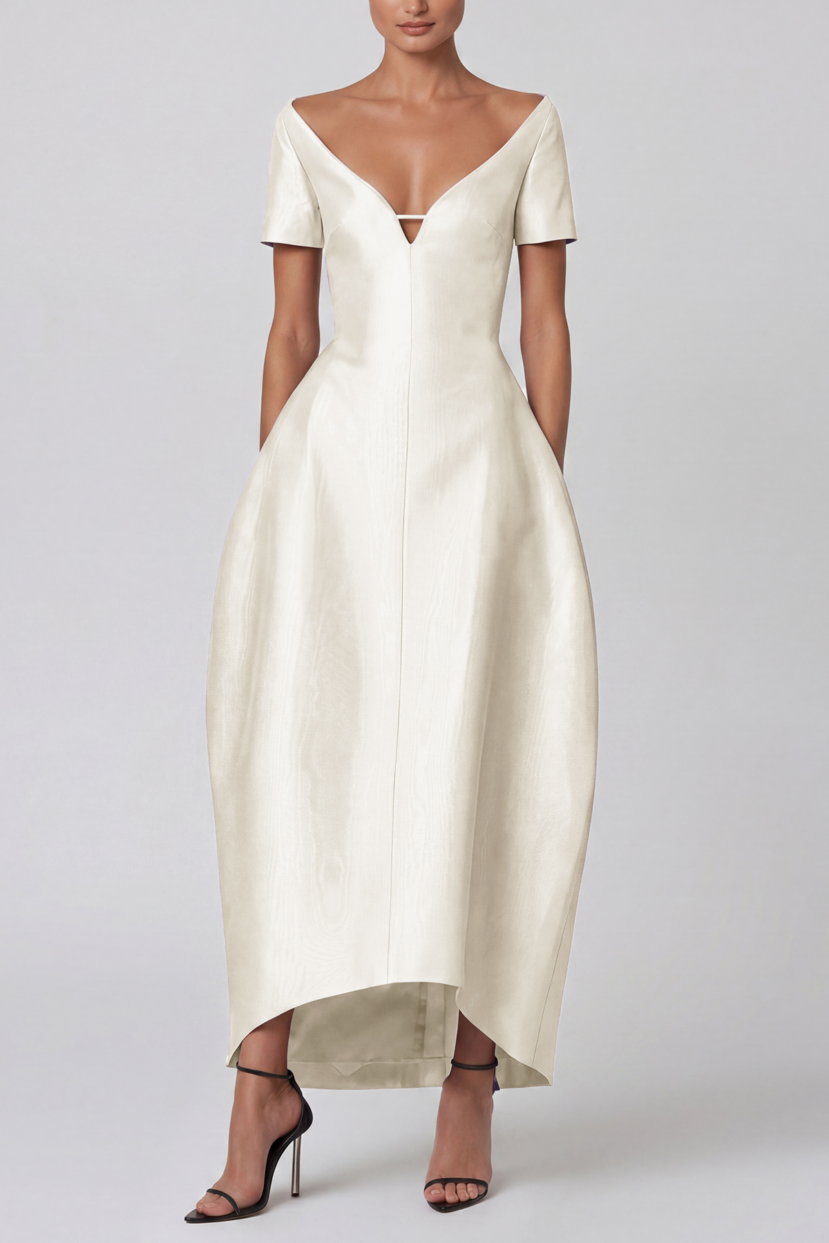 Hachiro Mermaid Plunge Midi Dress In Beige