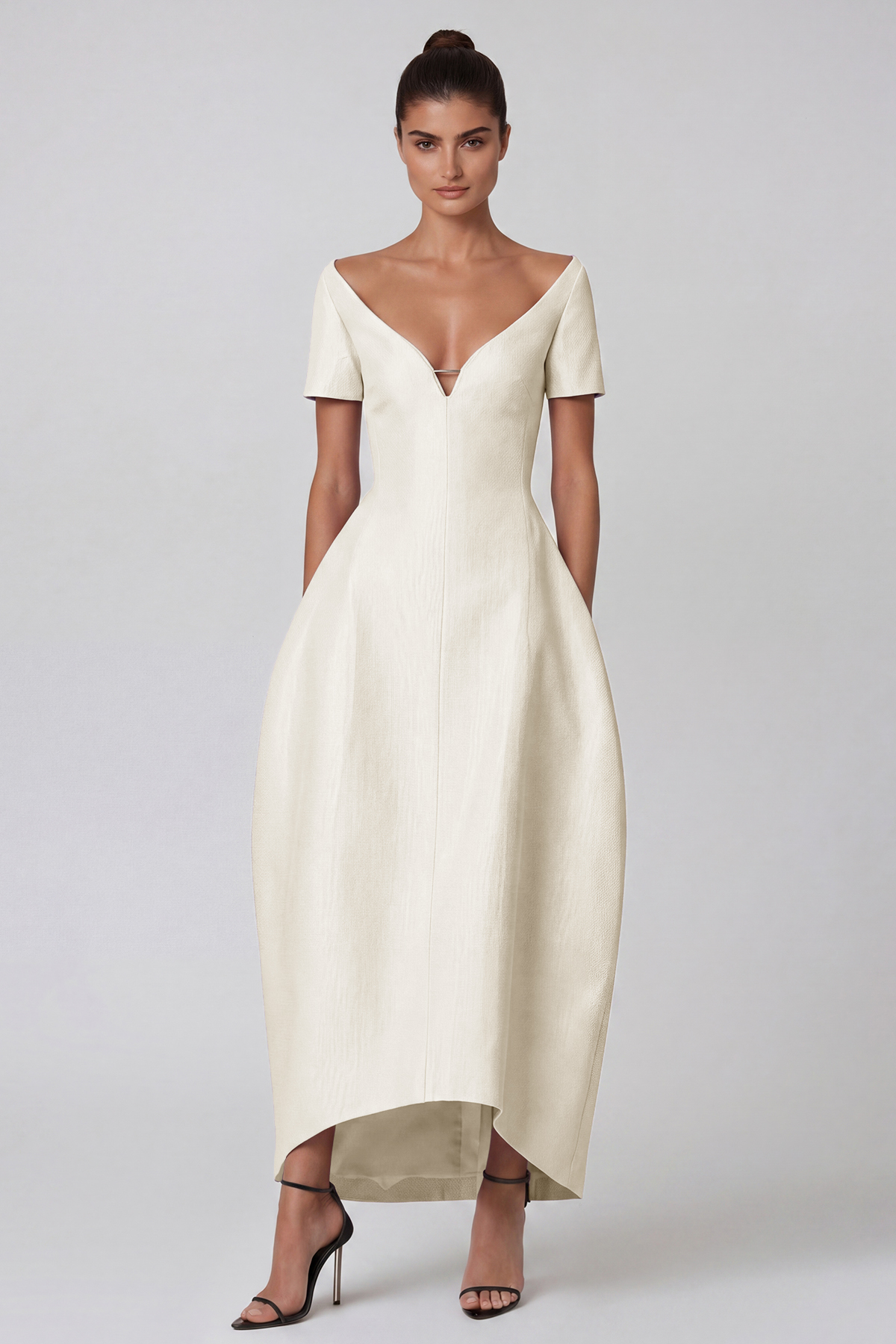 Hachiro Mermaid Plunge Midi Dress In Beige