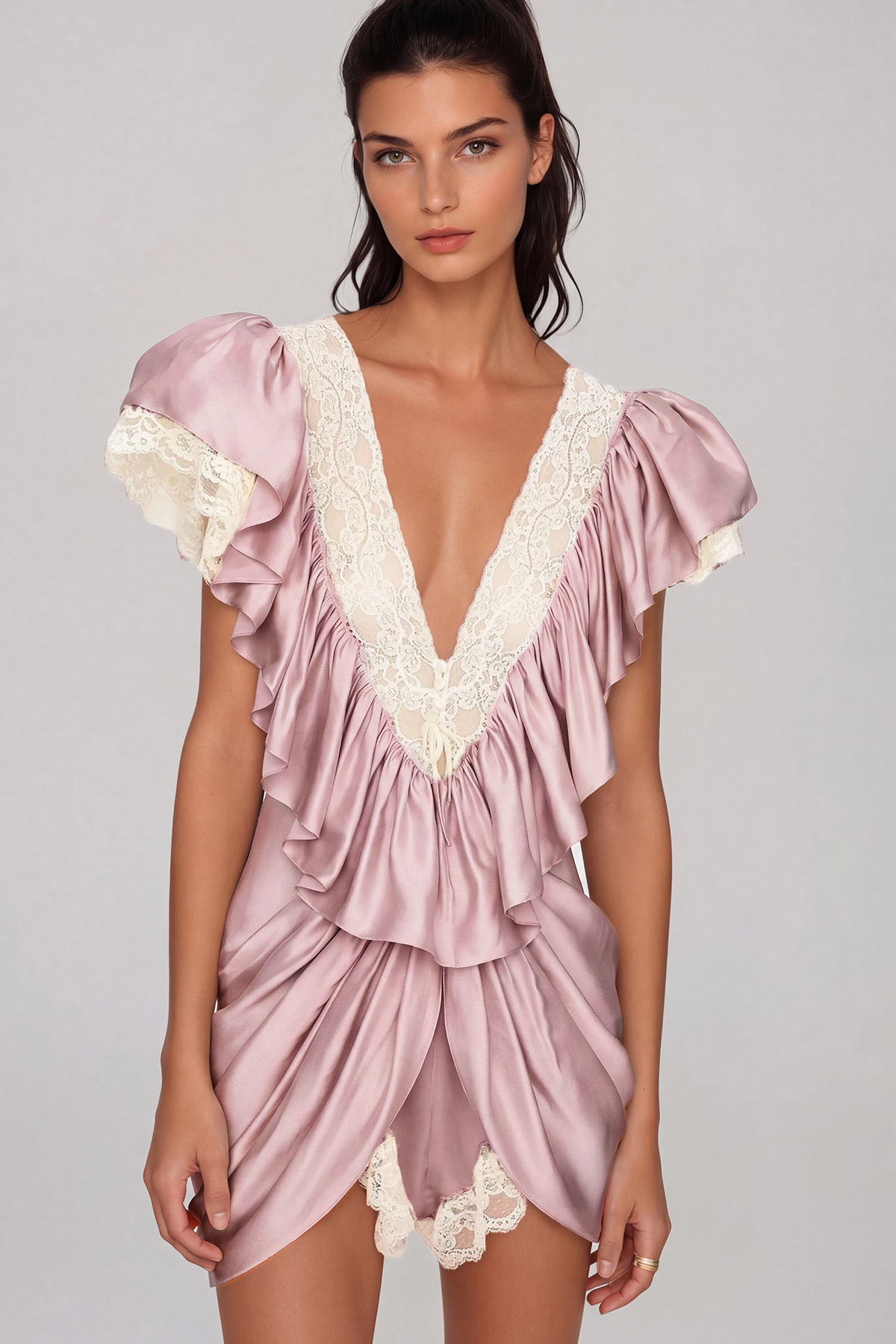 Hadassa Plunge Ruffle Jumpsuit In Pink