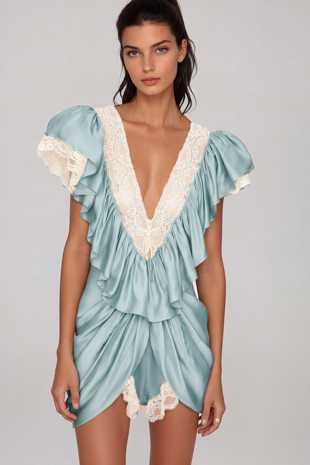 Hadassa Plunge Ruffle Jumpsuit In Blue