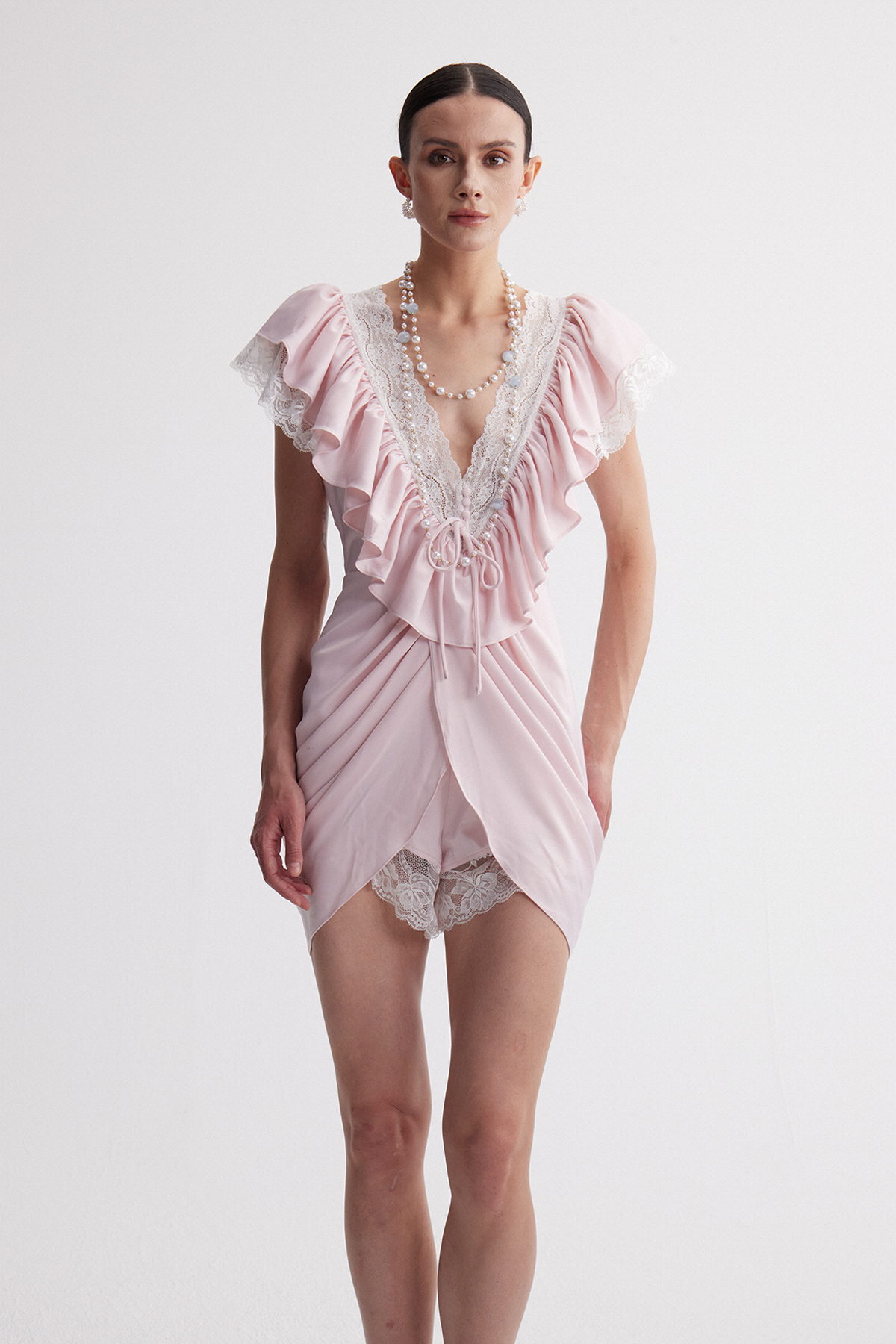 Hadassa Plunge Ruffle Playsuit In Pink