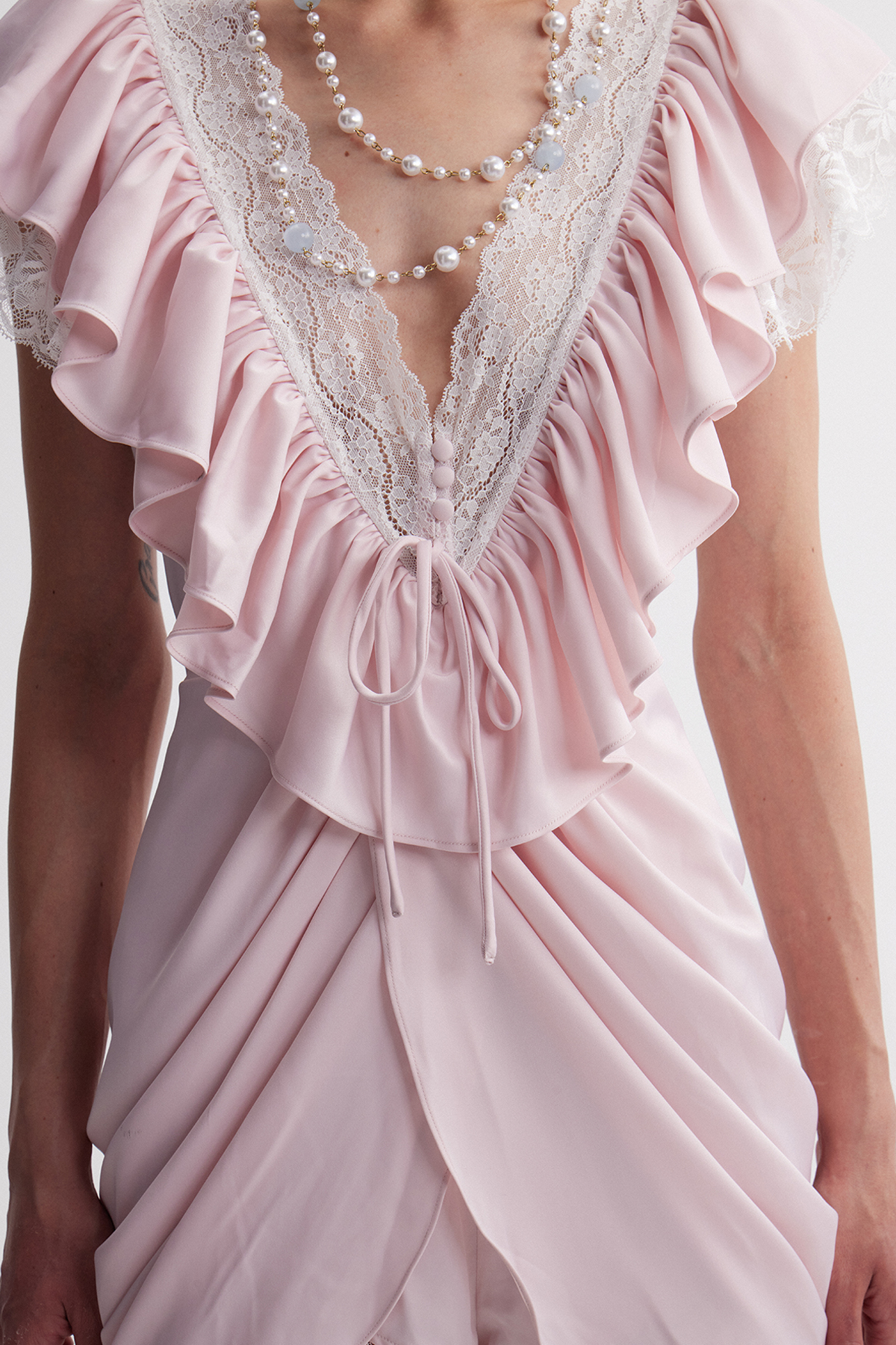 Hadassa Plunge Ruffle Playsuit In Pink