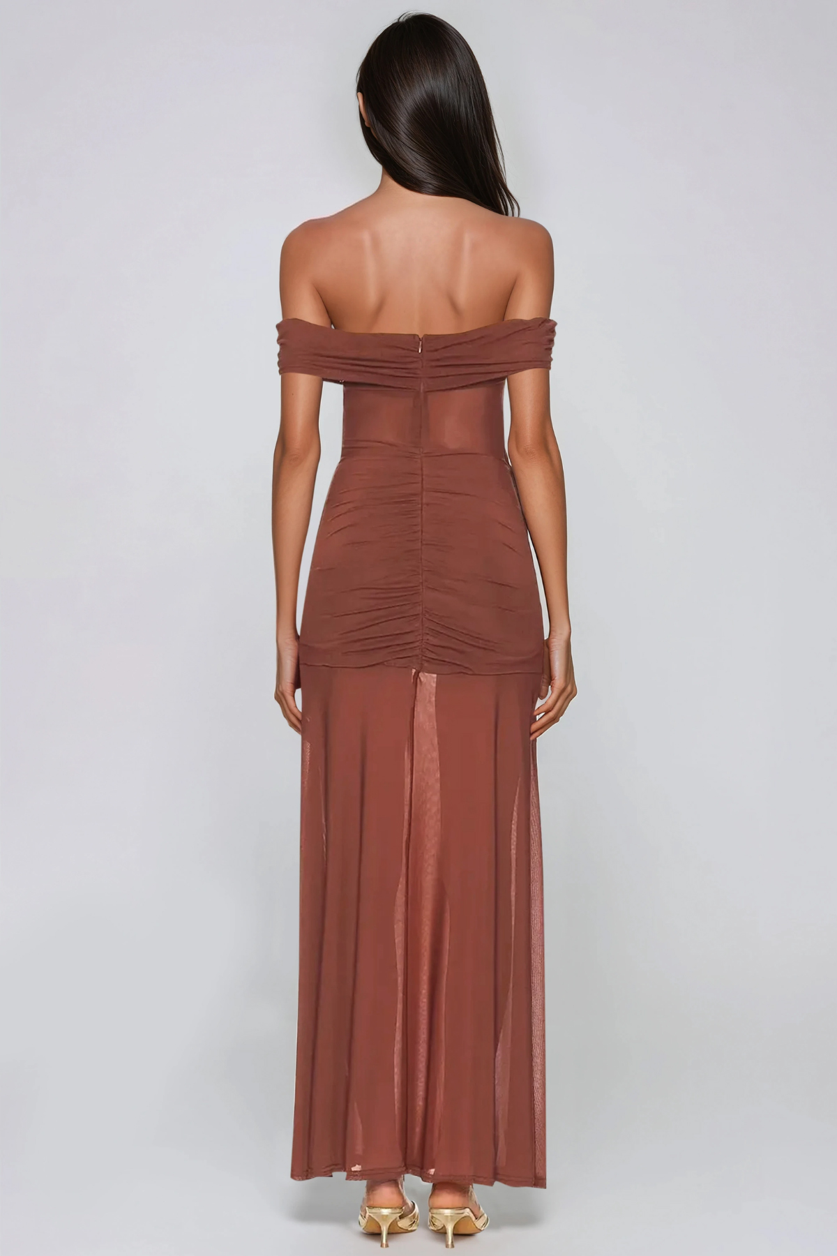 Hadija Off Shoudler Mesh Ruch Maxi Dress