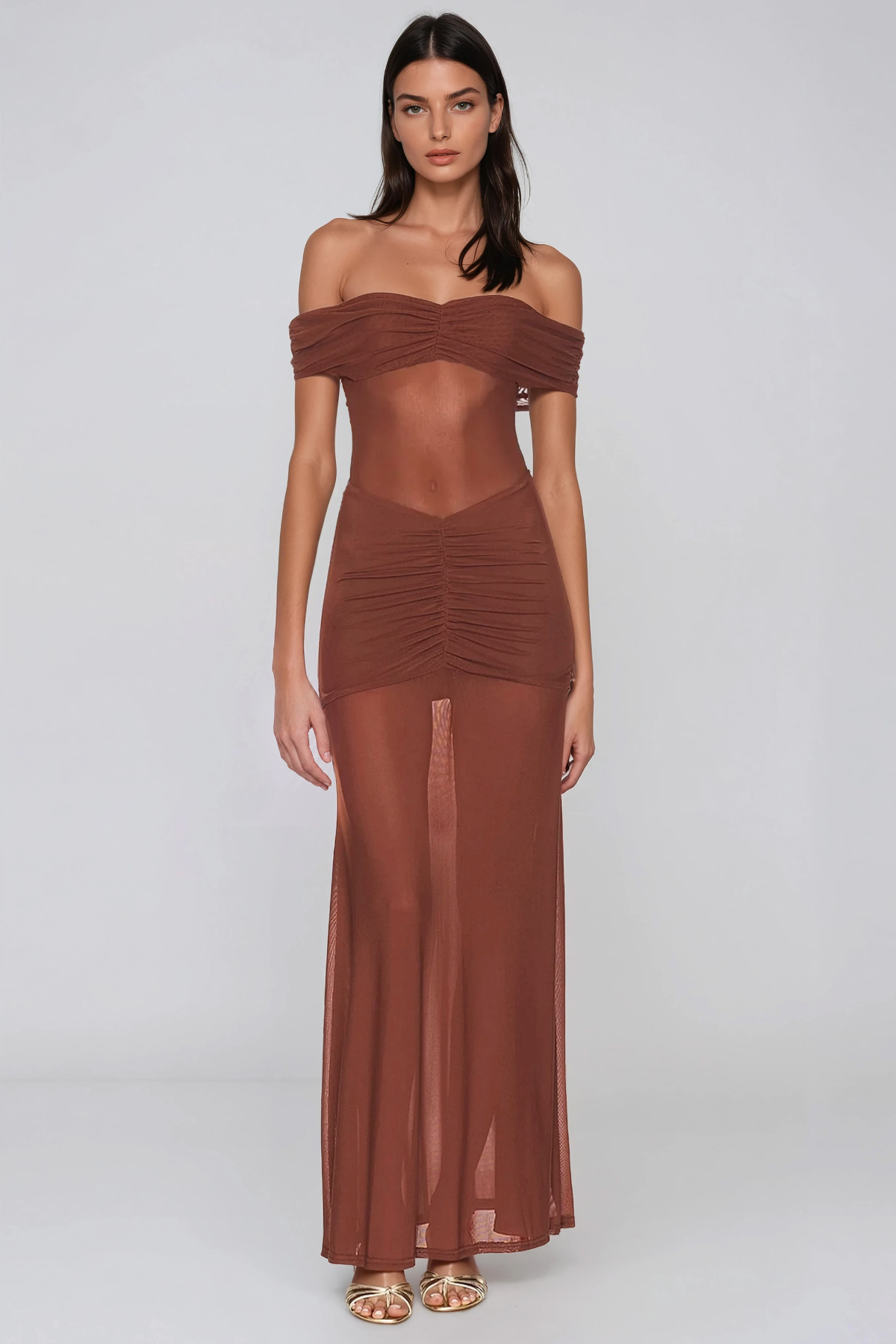 Hadija Off Shoudler Mesh Ruch Maxi Dress