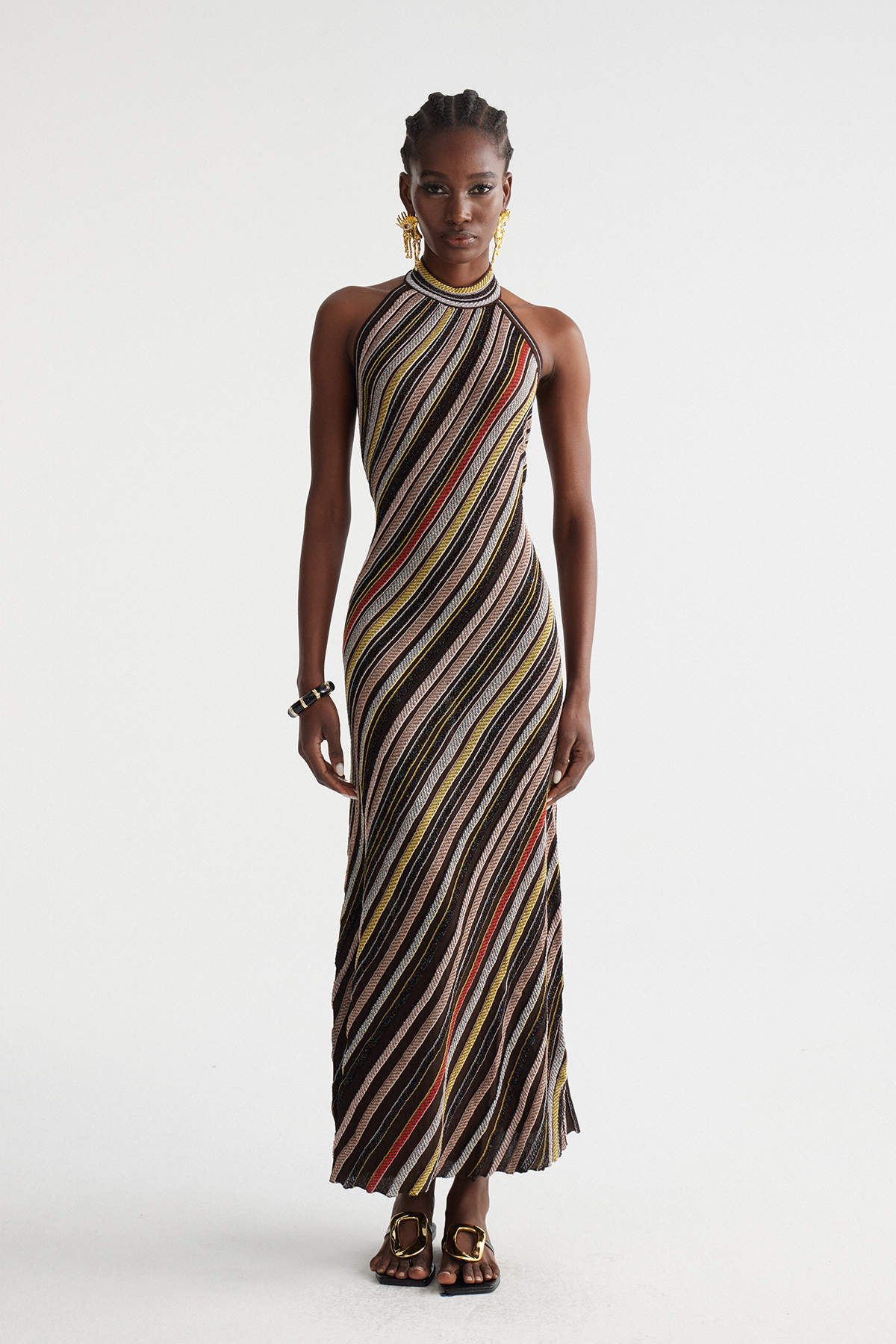 Hakob Stripe Halter Neck Knit Maxi Dress