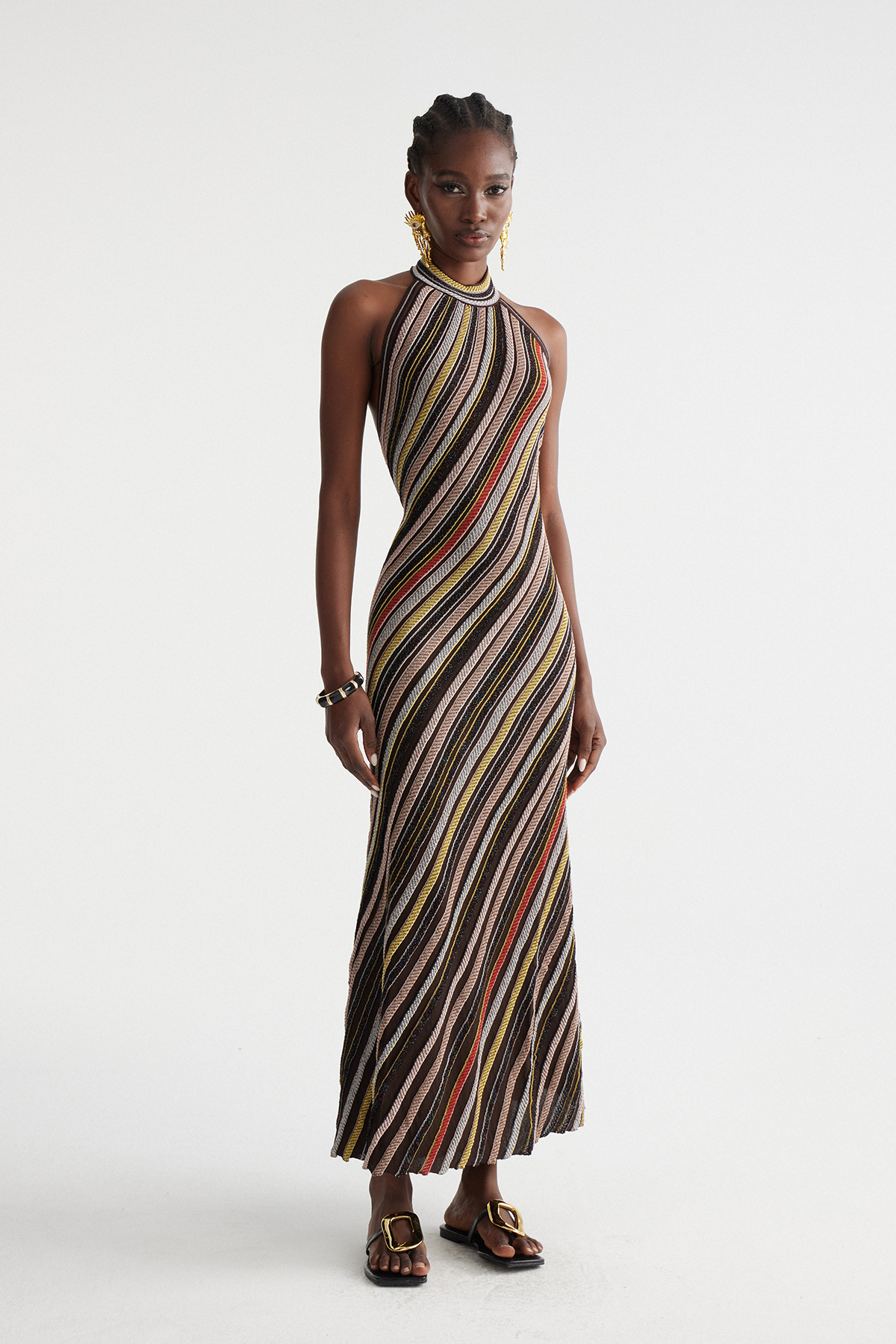Hakob Stripe Halter Neck Knit Maxi Dress