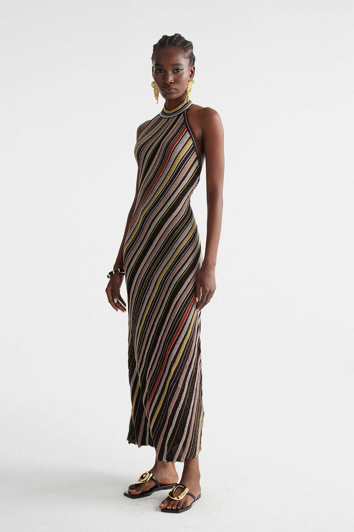 Hakob Stripe Halter Neck Knit Maxi Dress
