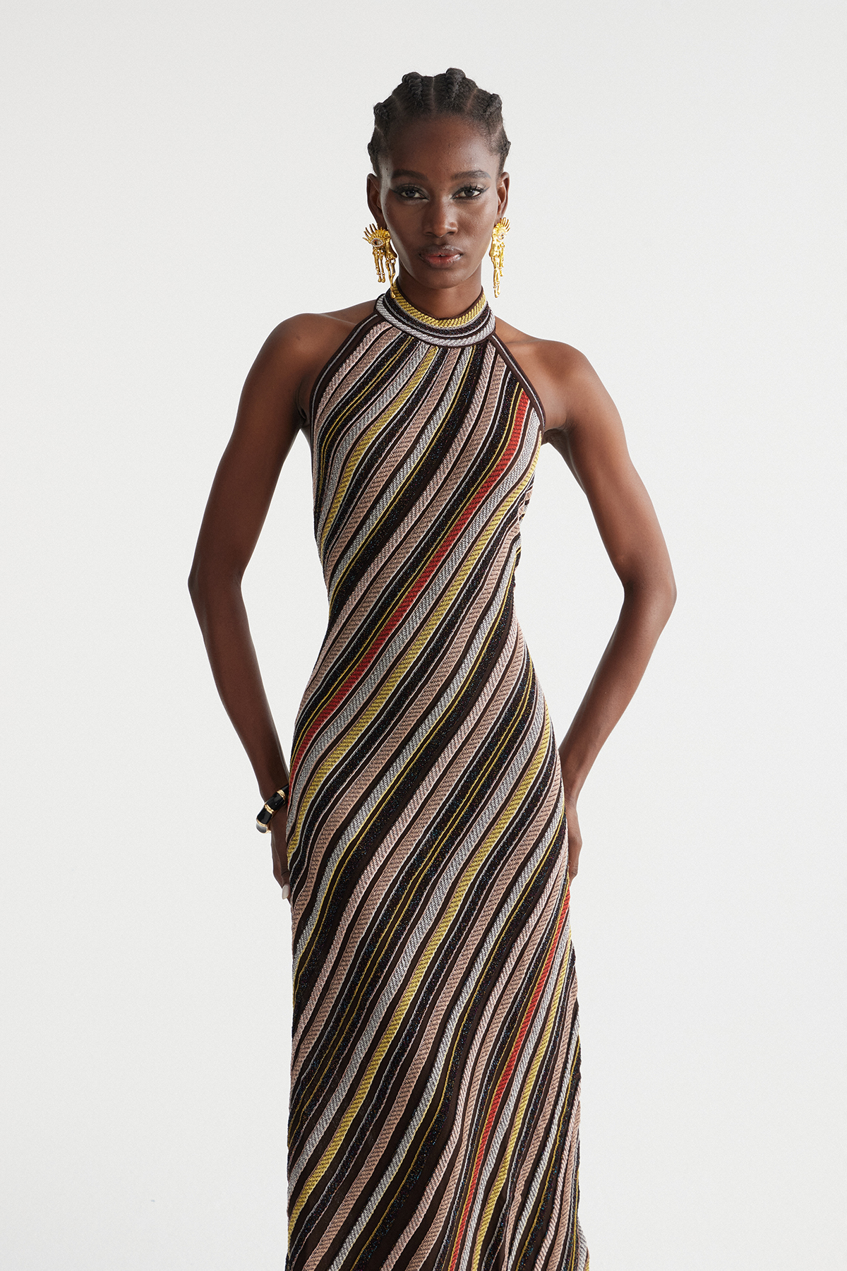 Hakob Stripe Halter Neck Knit Maxi Dress
