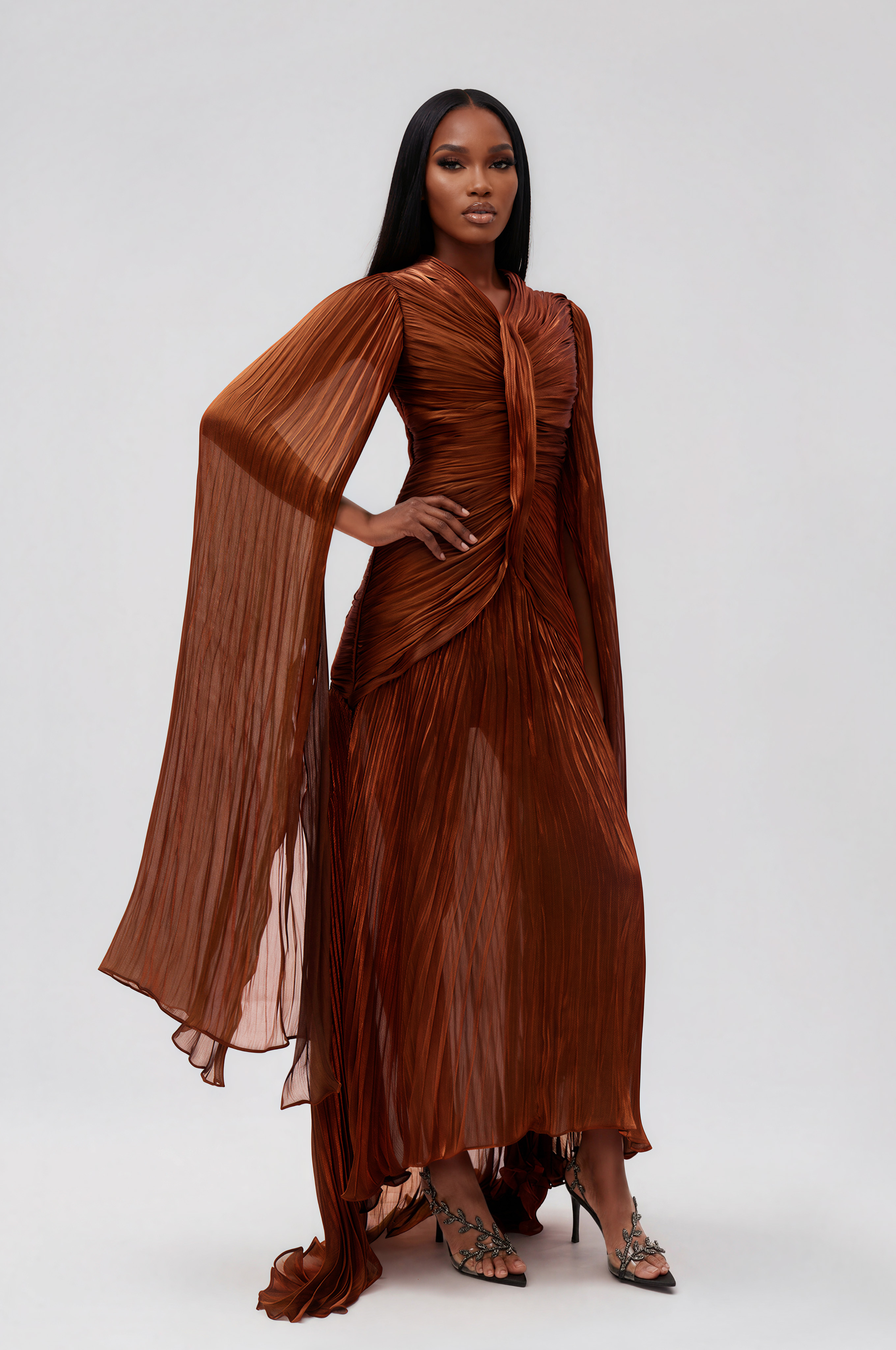 Hamnet Cape Sleeve Ruch Maxi Dress