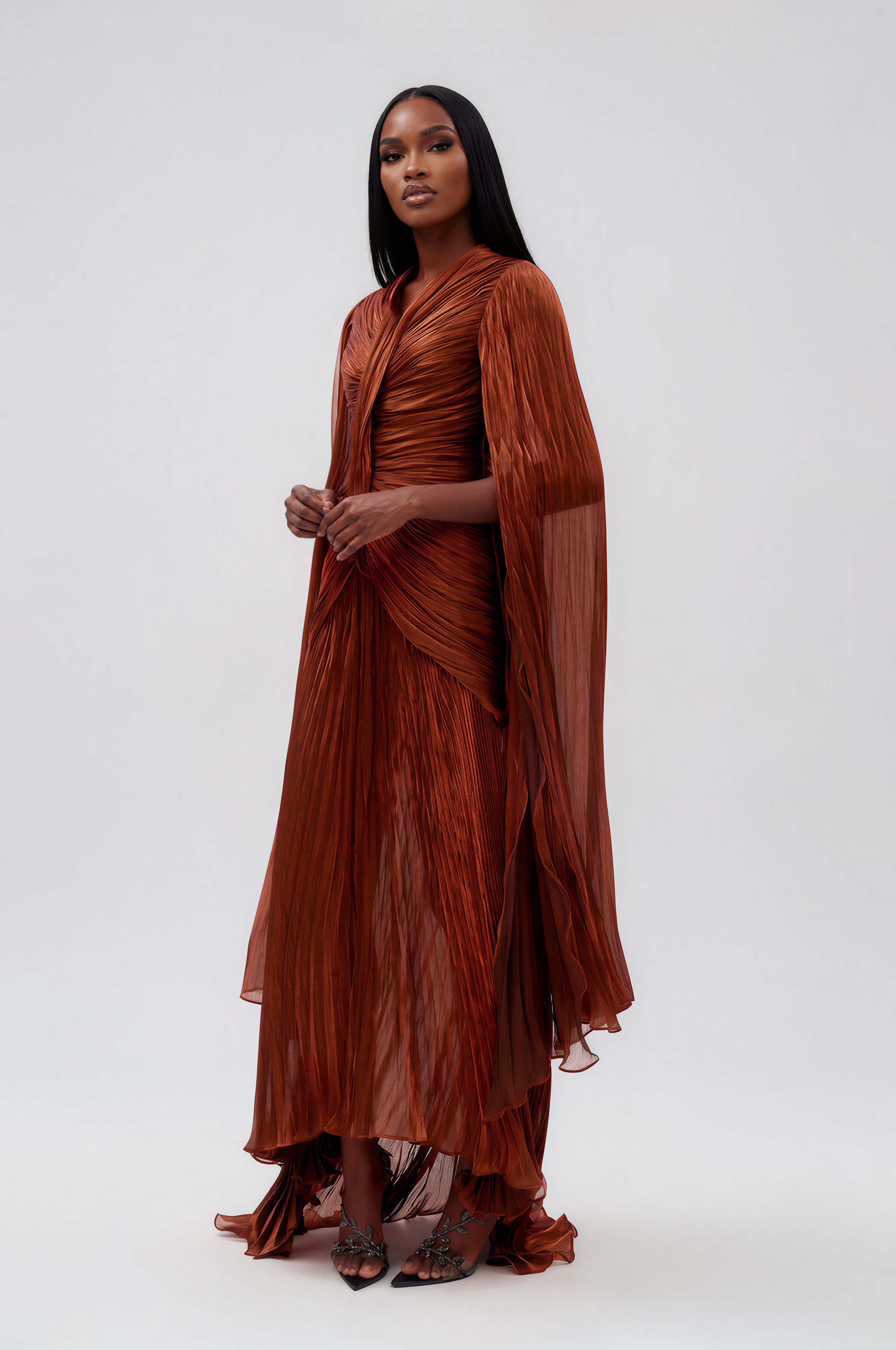 Hamnet Cape Sleeve Ruch Maxi Dress