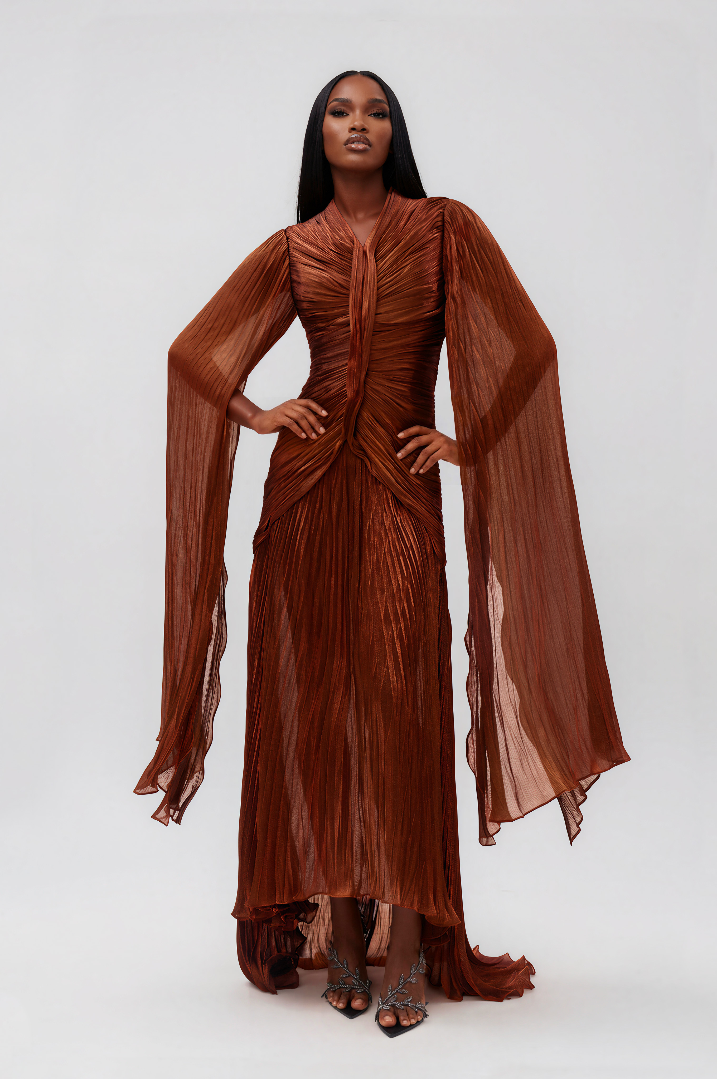 Hamnet Cape Sleeve Ruch Maxi Dress