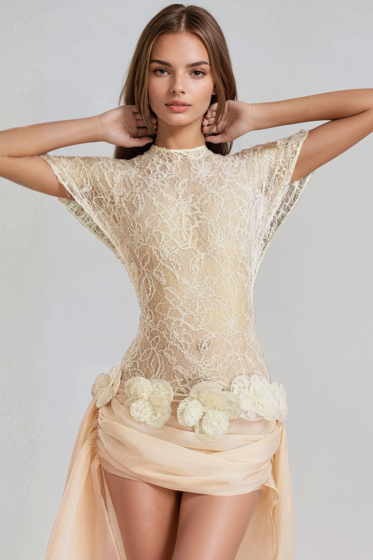 Hamo Lace Fringe Flower Mini Dress