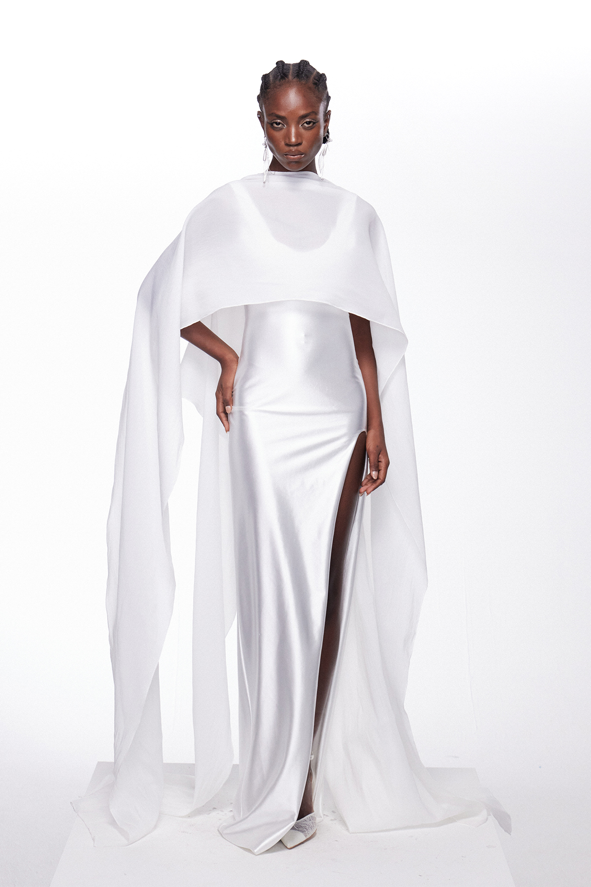 Hamon Split Shawl Satin Maxi Dress