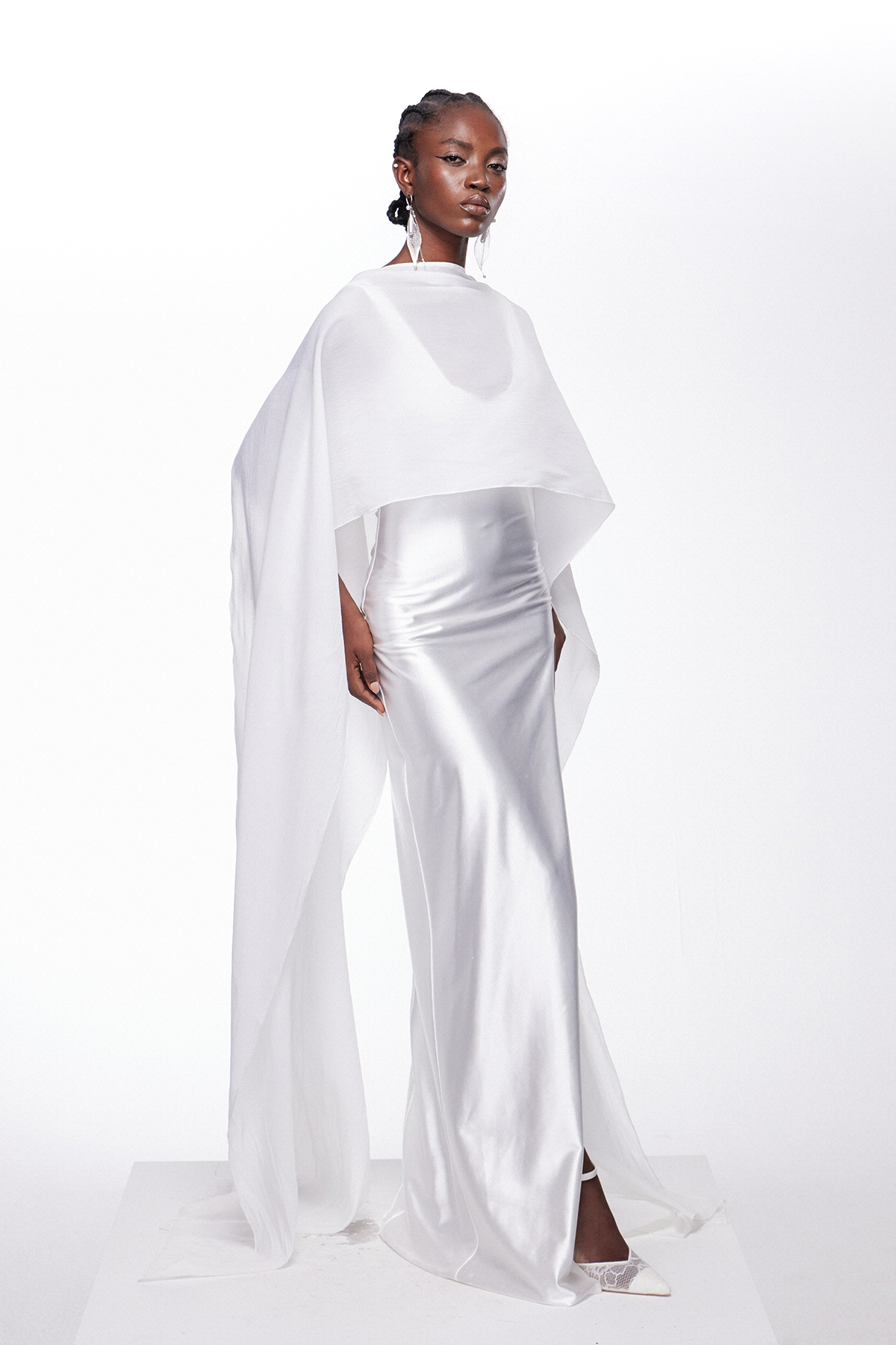 Hamon Split Shawl Satin Maxi Dress