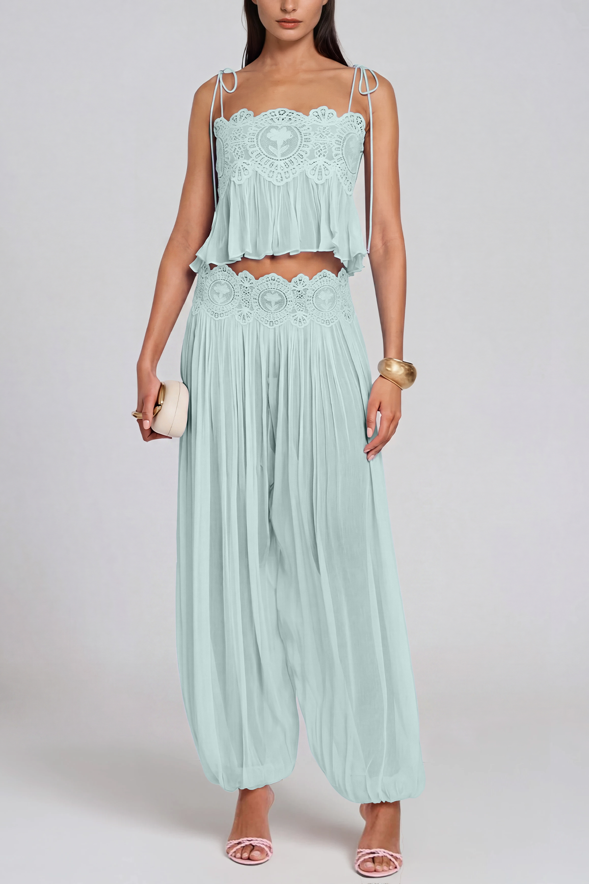 Hanieh Lace Ruch Pants Set In Mint