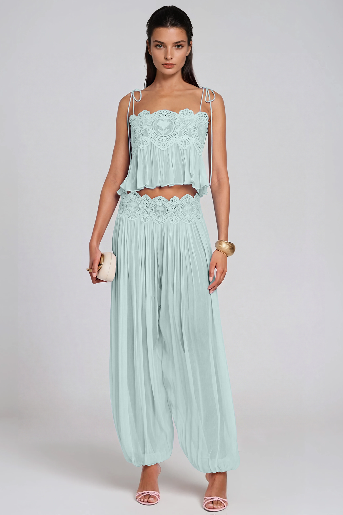 Hanieh Lace Ruch Pants Set In Mint