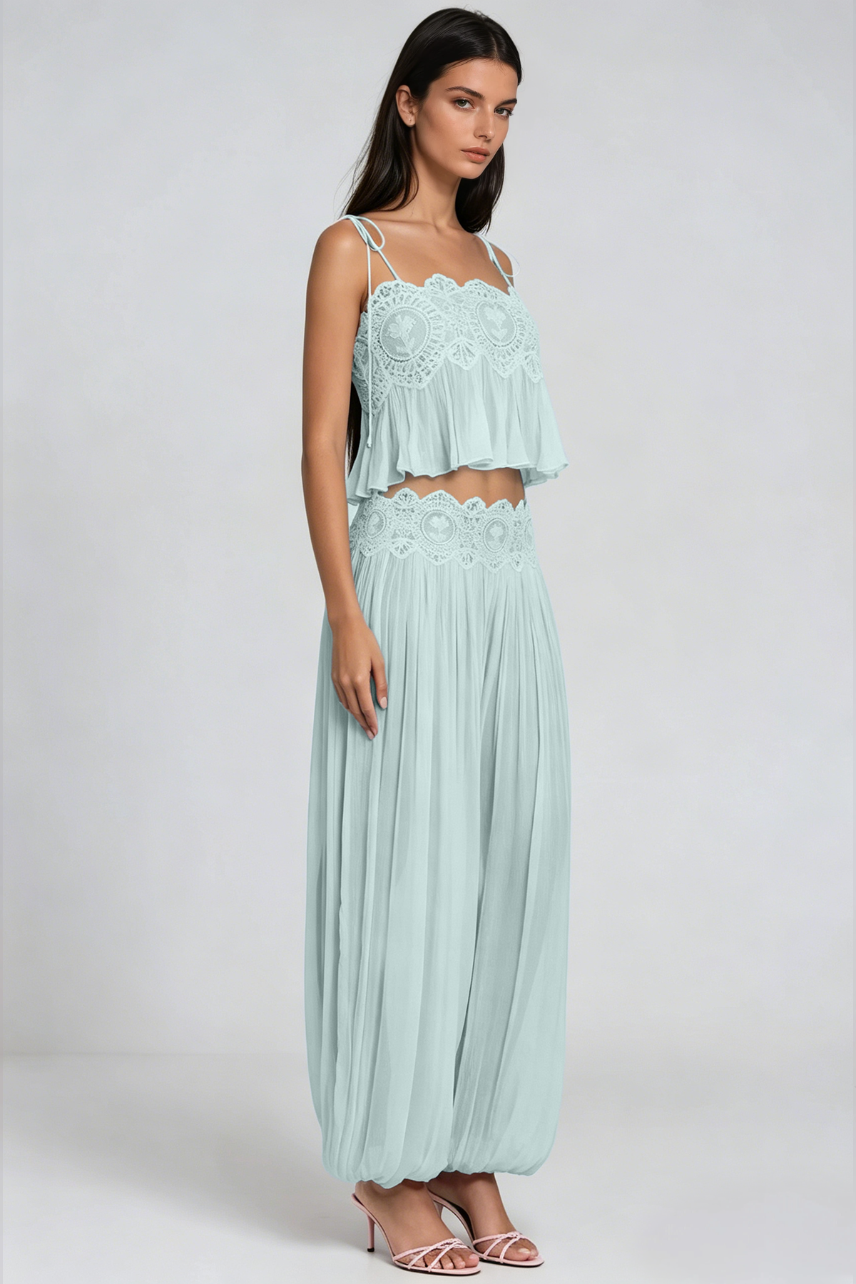 Hanieh Lace Ruch Pants Set In Mint