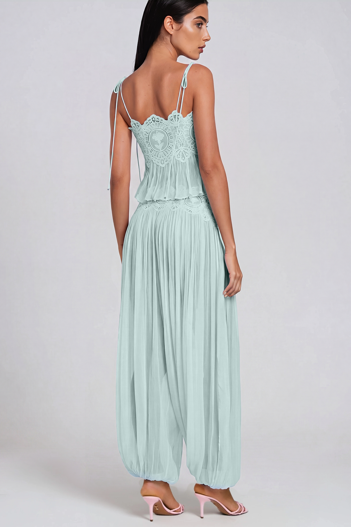 Hanieh Lace Ruch Pants Set In Mint