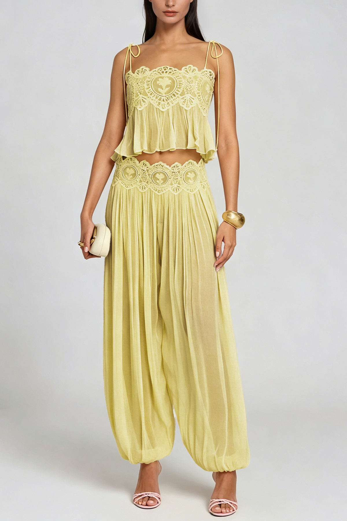 Hanieh Lace Ruch Pants Set In Yellow