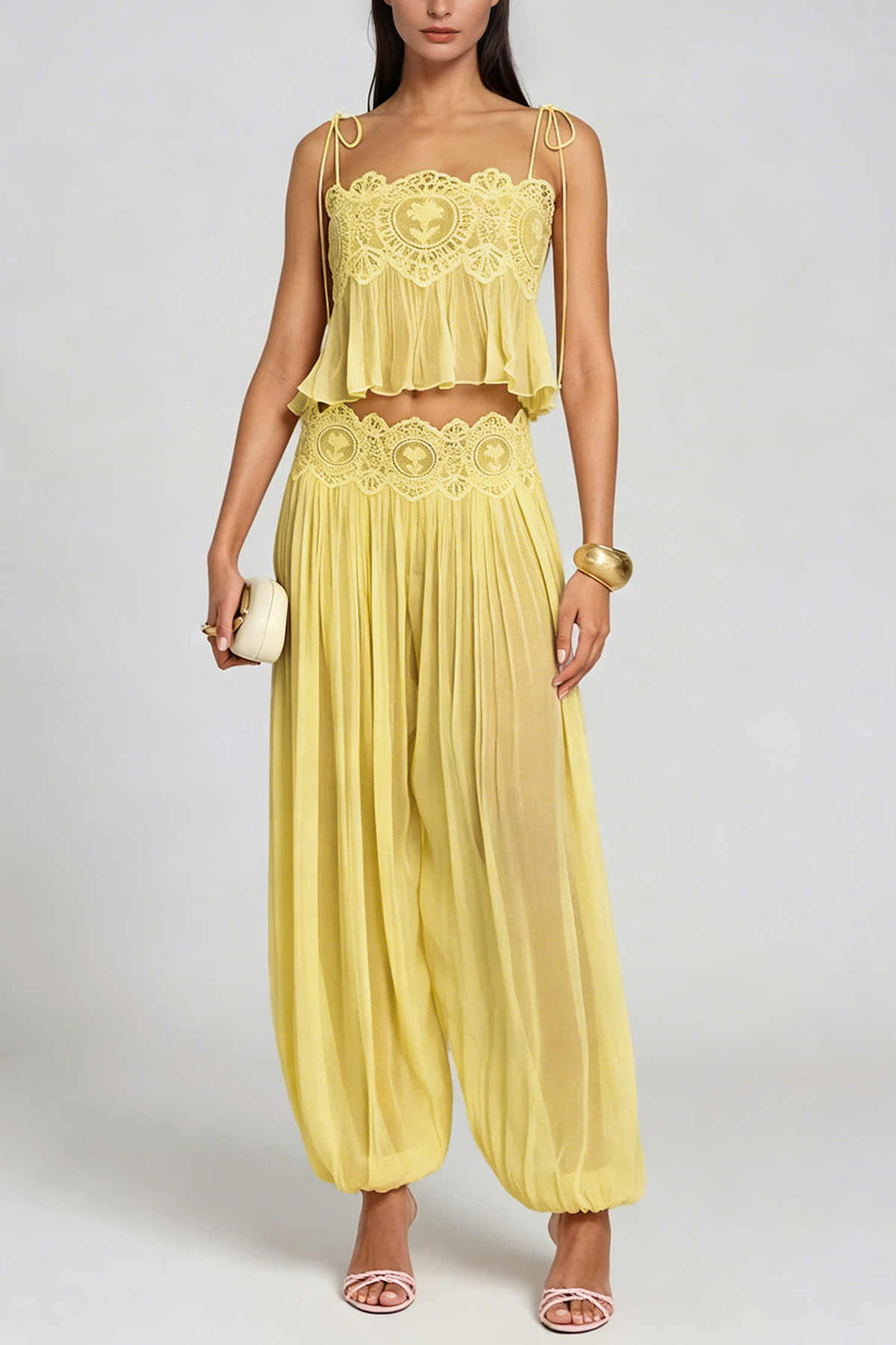 Hanieh Lace Ruch Pants Set In Yellow