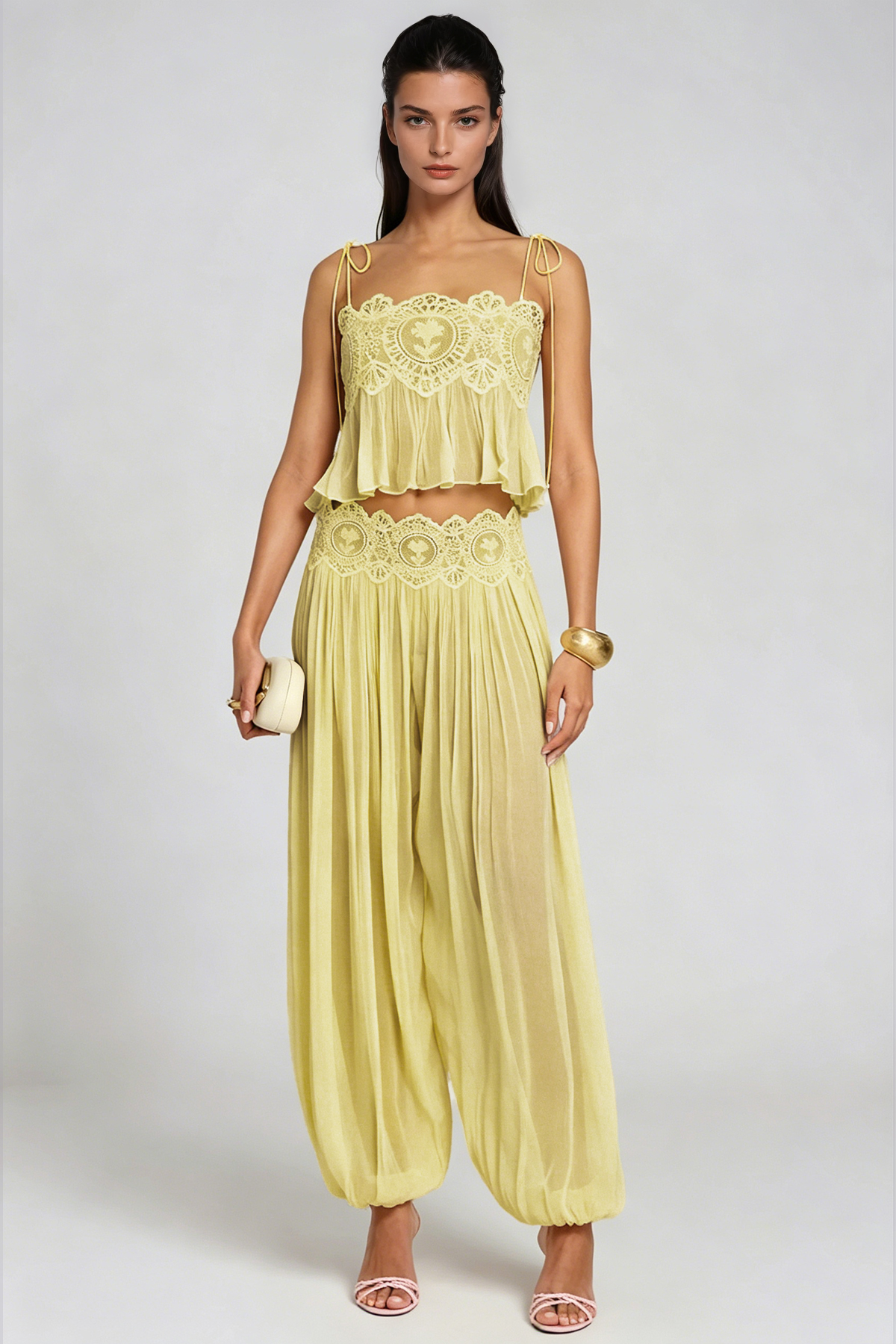 Hanieh Lace Ruch Pants Set In Yellow