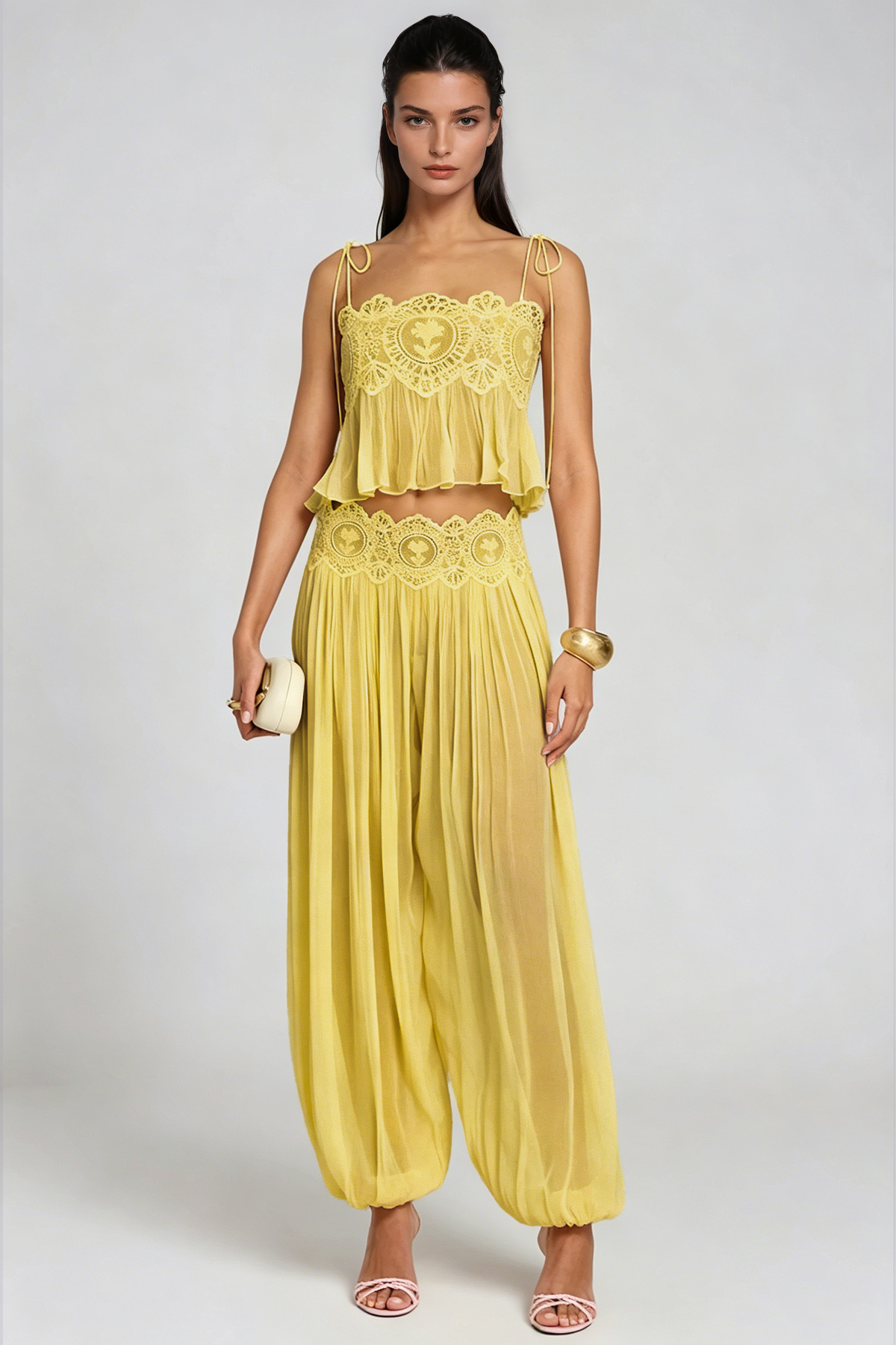 Hanieh Lace Ruch Pants Set In Yellow