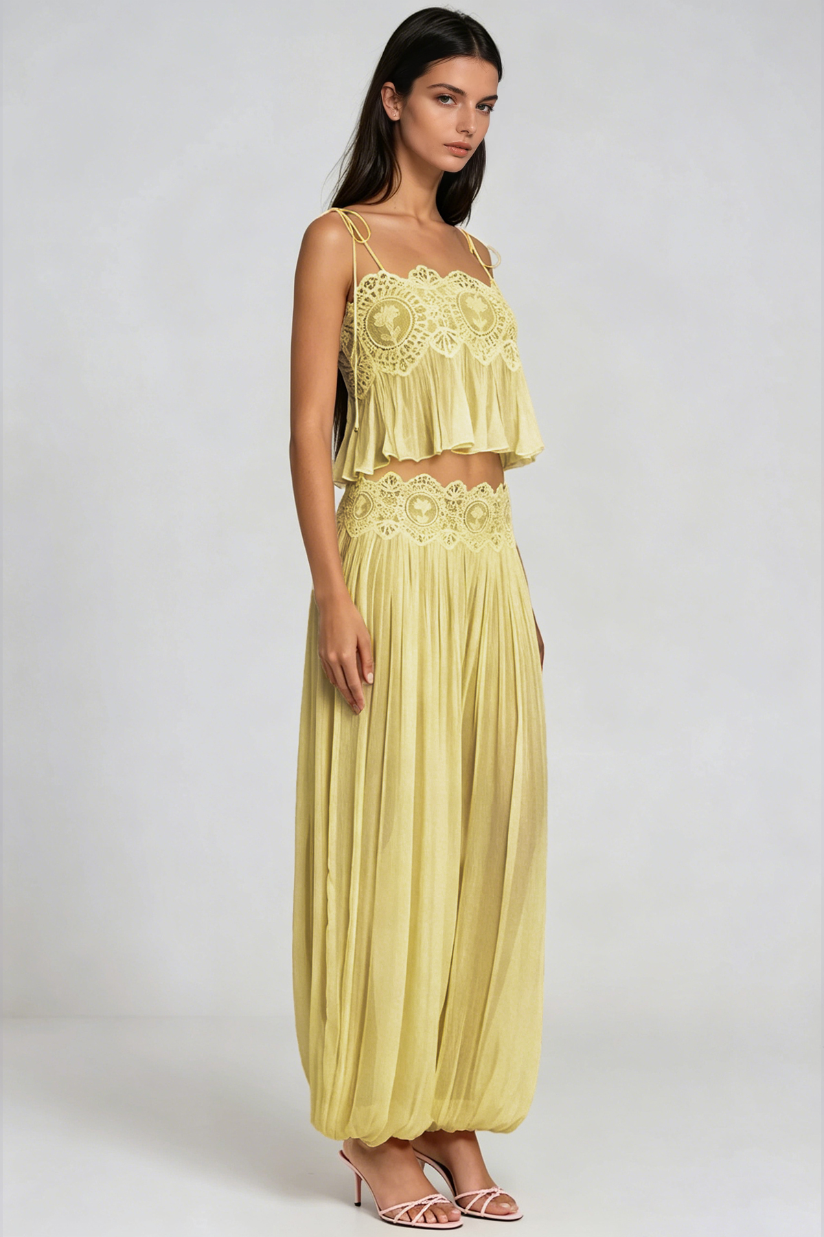 Hanieh Lace Ruch Pants Set In Yellow