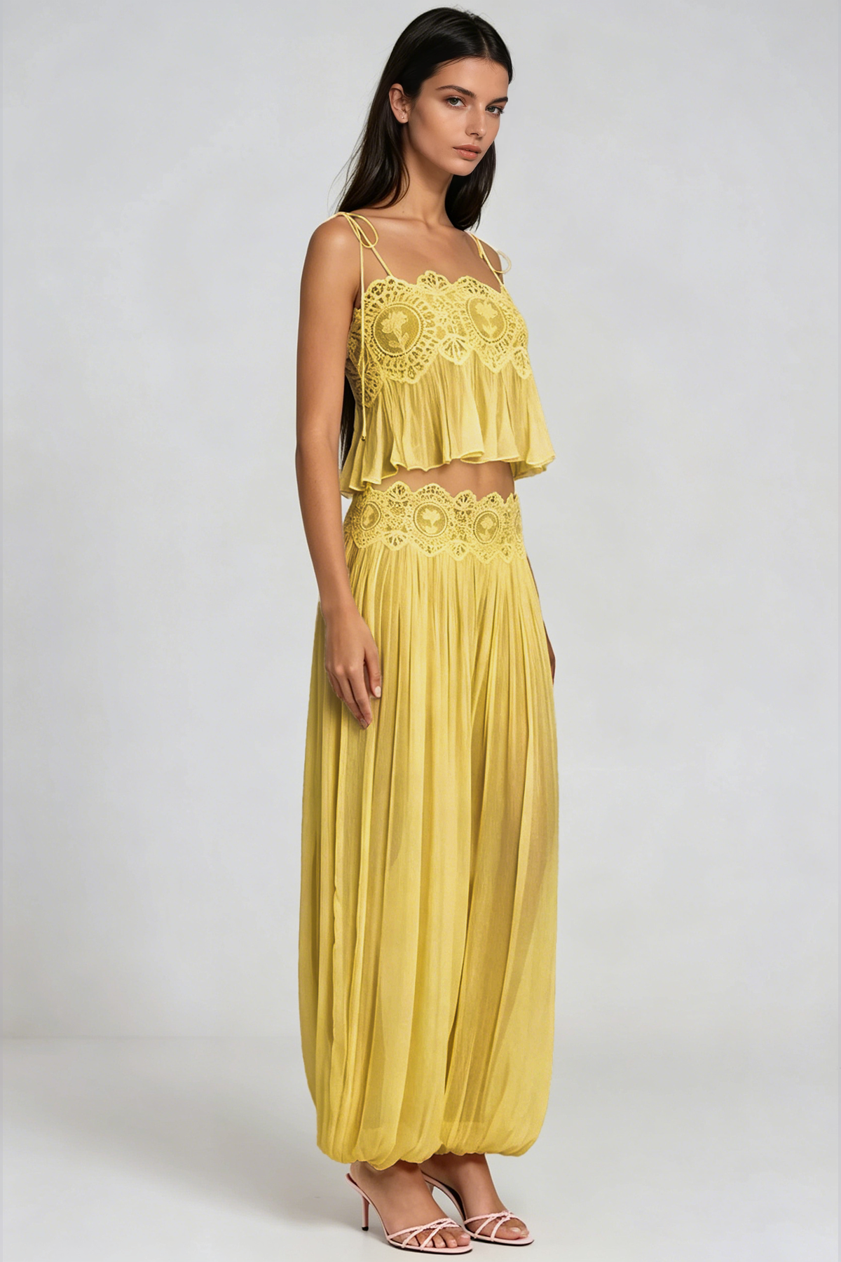 Hanieh Lace Ruch Pants Set In Yellow