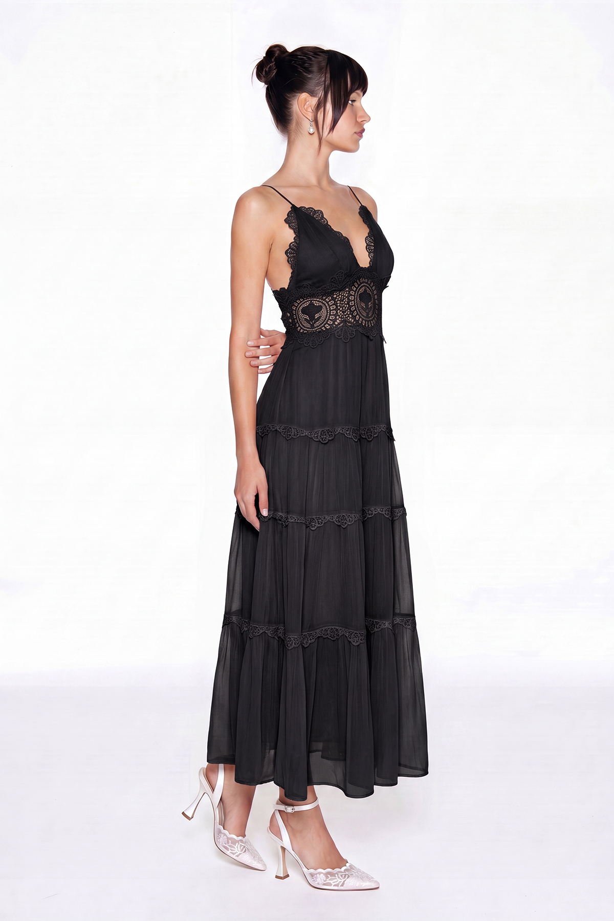 Hanieh V Neck  Lace Floral Maxi Dress
