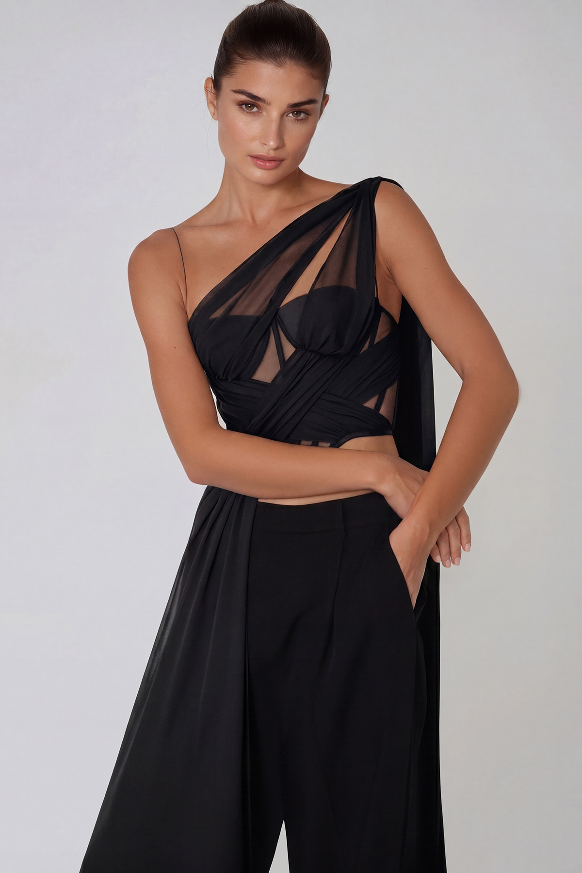 Hannes One Shoulder Mesh Crop Top
