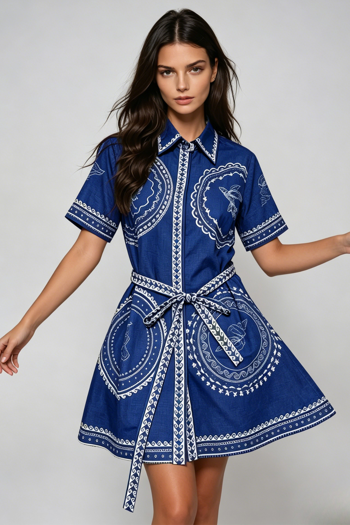 Haoran Lapel Tie Up Print Mini Dress