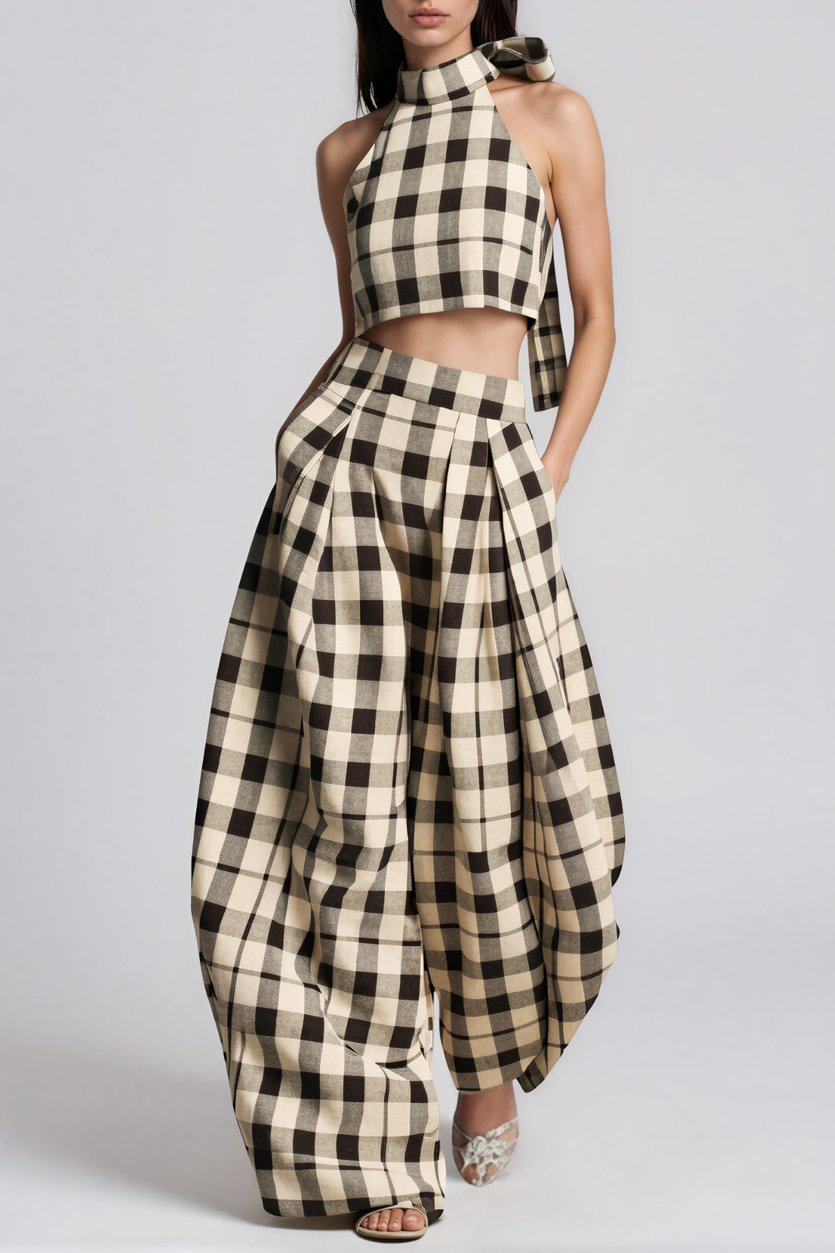 Hapi Halter Neck Grid Baggy Pants Set