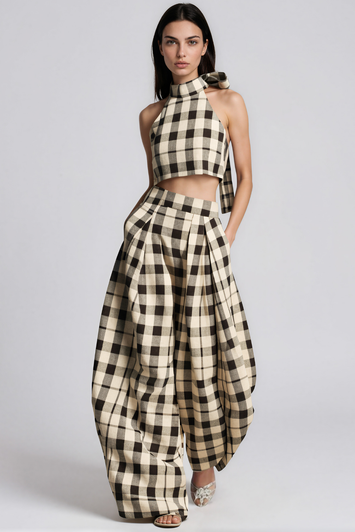 Hapi Halter Neck Grid Baggy Pants Set