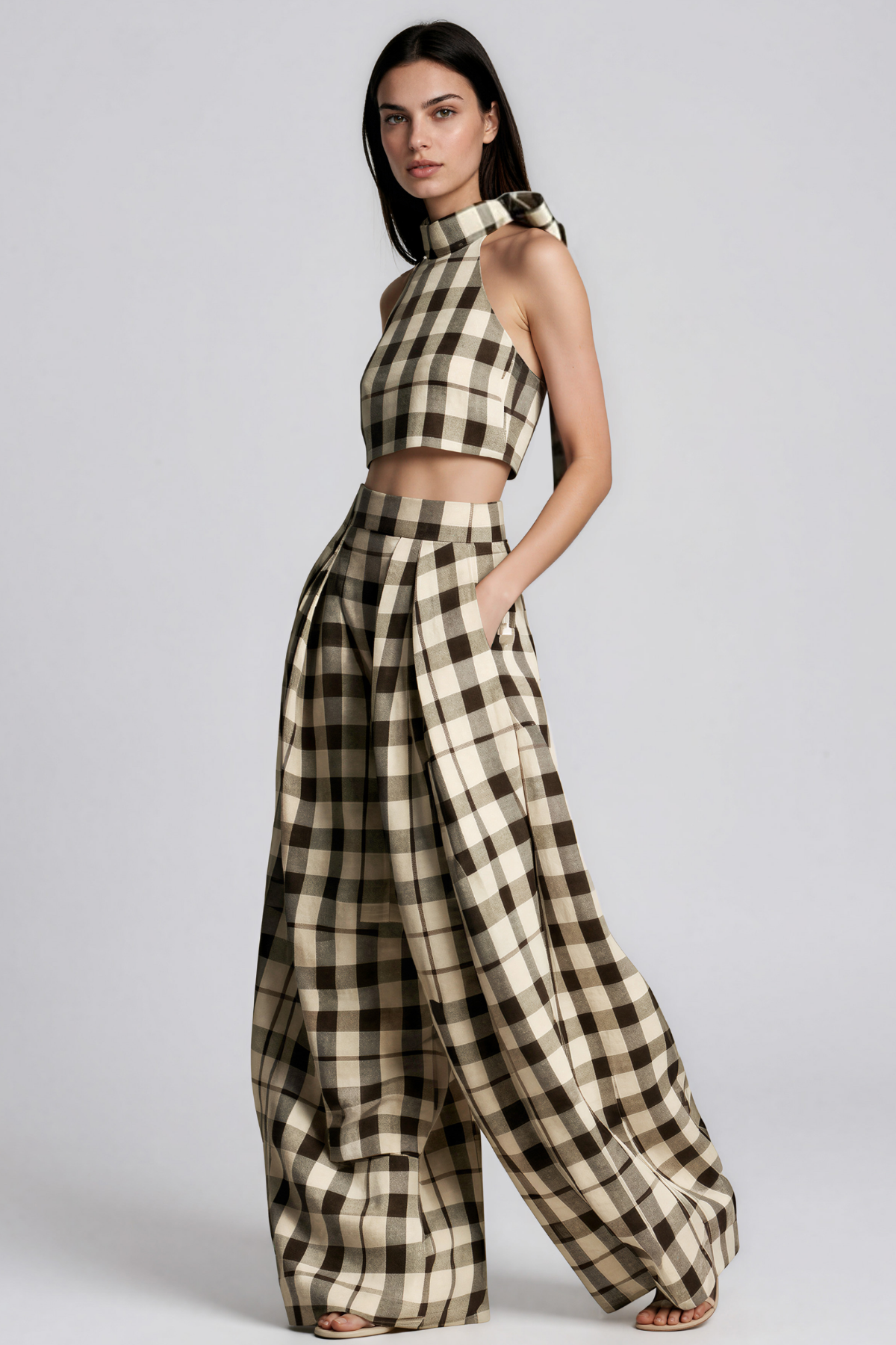 Hapi Halter Neck Grid Baggy Pants Set