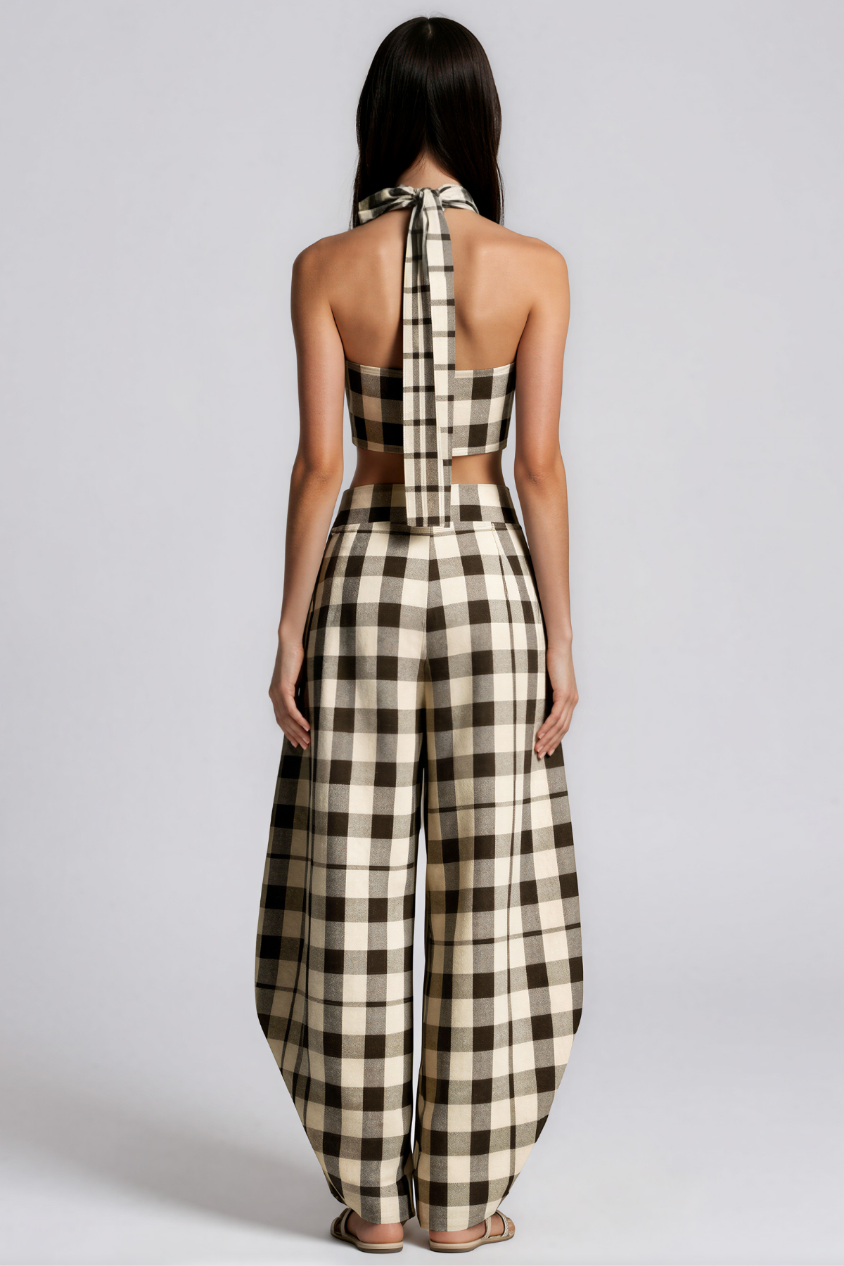 Hapi Halter Neck Grid Baggy Pants Set