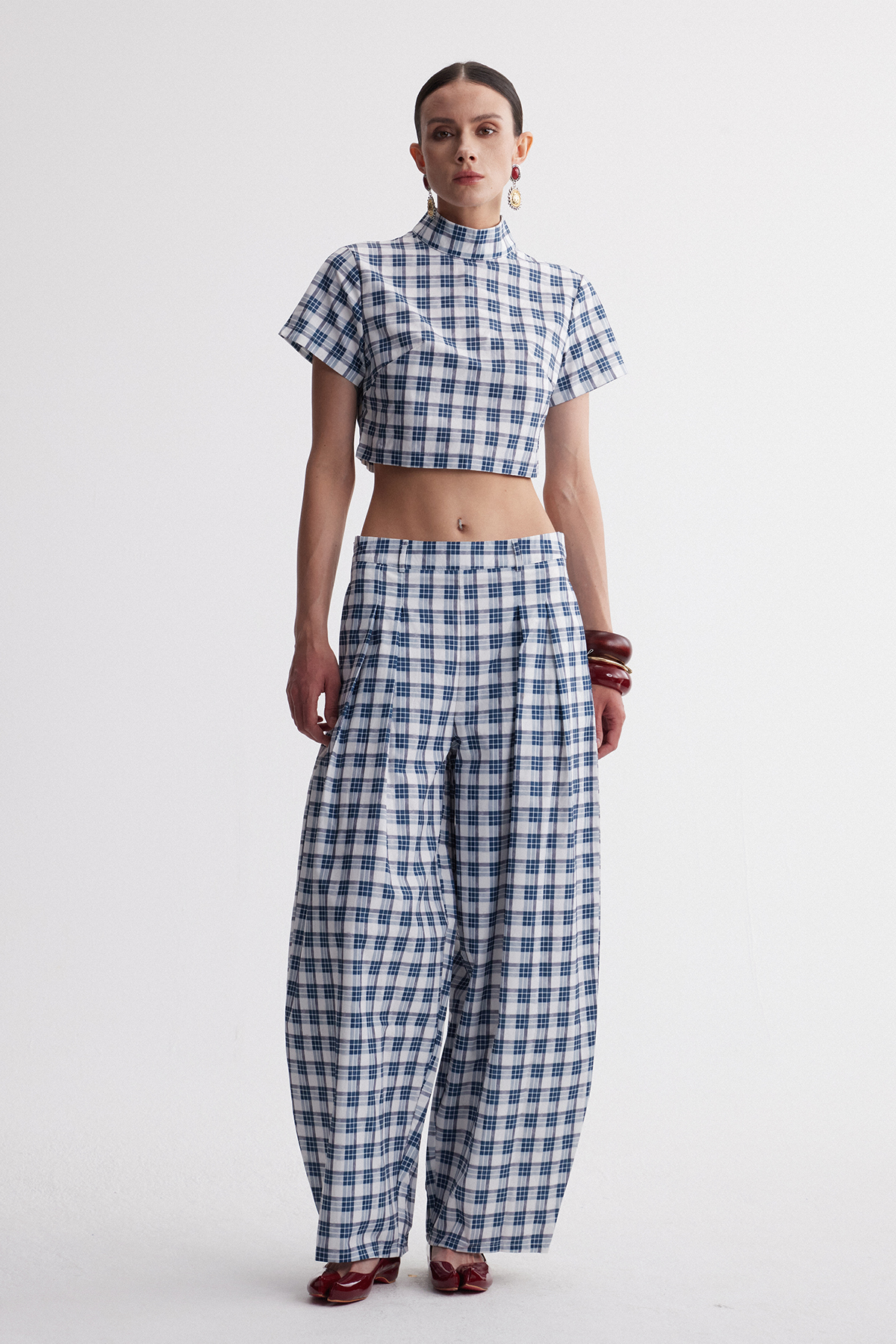 Hapi Plaid Crop Baggy Pants Set